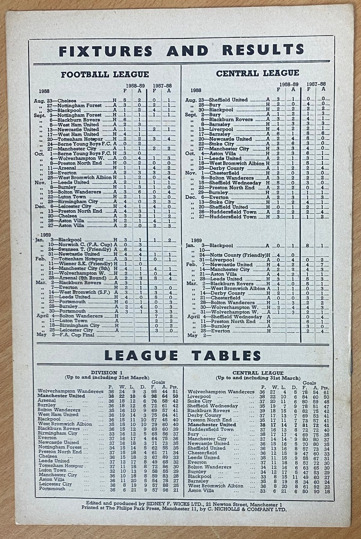 1958/59 ORIGINAL DIVISION ONE PROGRAMME MANCHESTER UNITED V BOLTON WANDERERS