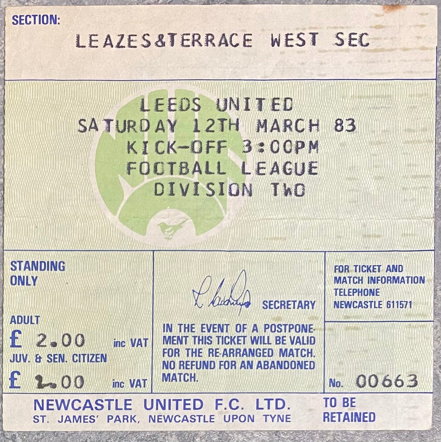 1982/83 ORIGINAL DIVISION TWO TICKET NEWCASTLE UNITED V LEEDS UNITED
