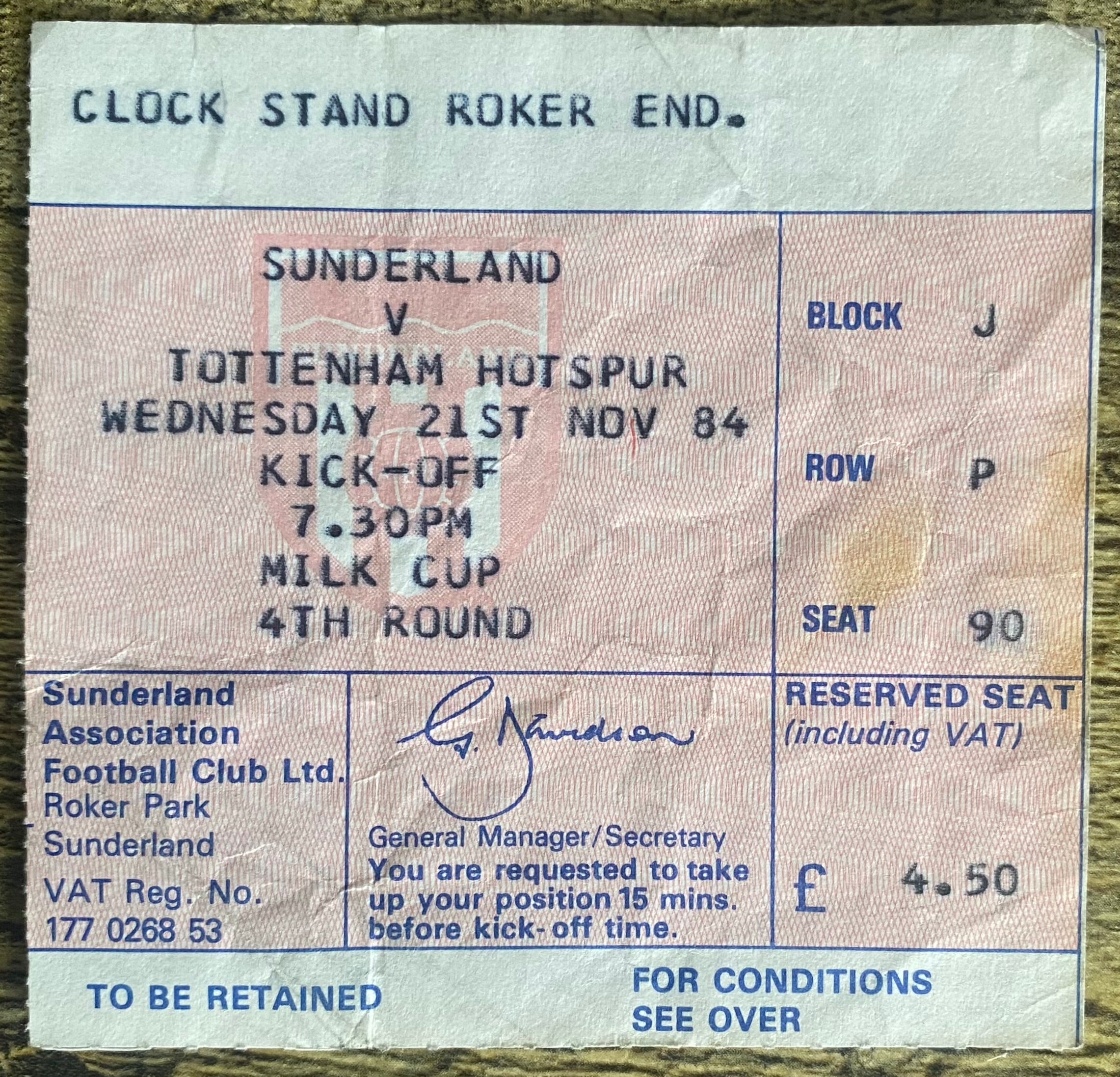 1984/85 ORIGINAL MILK CUP 4TH ROUND TICKET SUNDERLAND V TOTTENHAM HOTSPUR