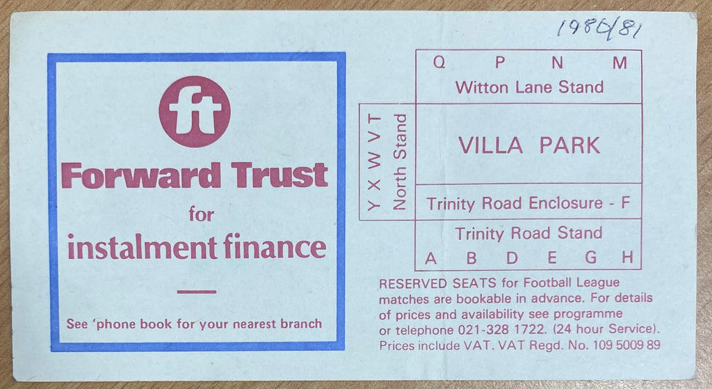 1980/81 ORIGINAL DIVISION 1 TICKET ASTON VILLA V WEST BROMWICH ALBION