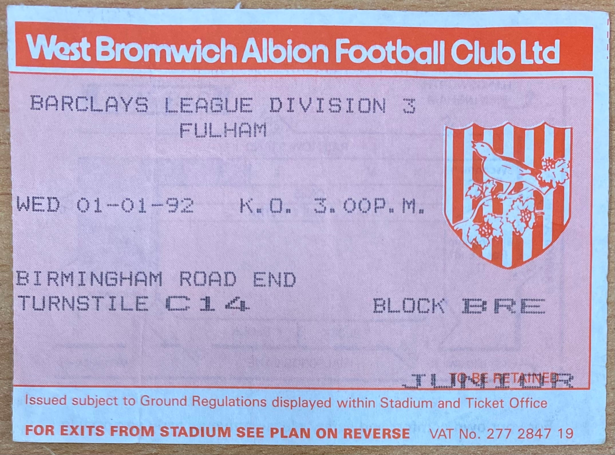 1991/92 ORIGINAL DIVISION 3 TICKET WEST BROMWICH ALBION V FULHAM