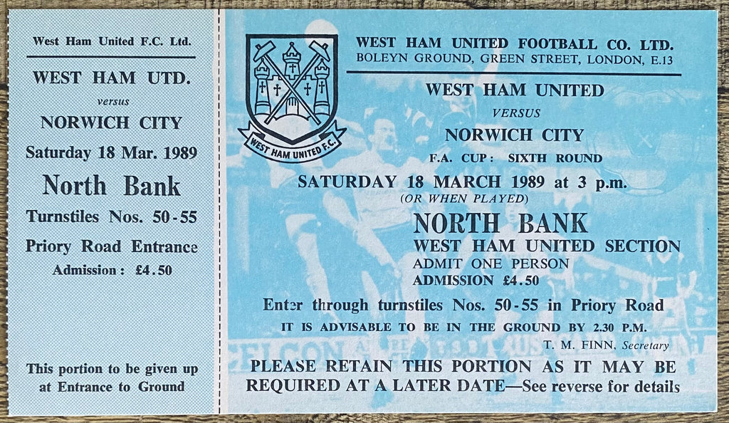 1988/89 ORIGINAL FA CUP 6TH ROUND UNUSED TICKET WEST HAM UNITED V NORWICH CITY