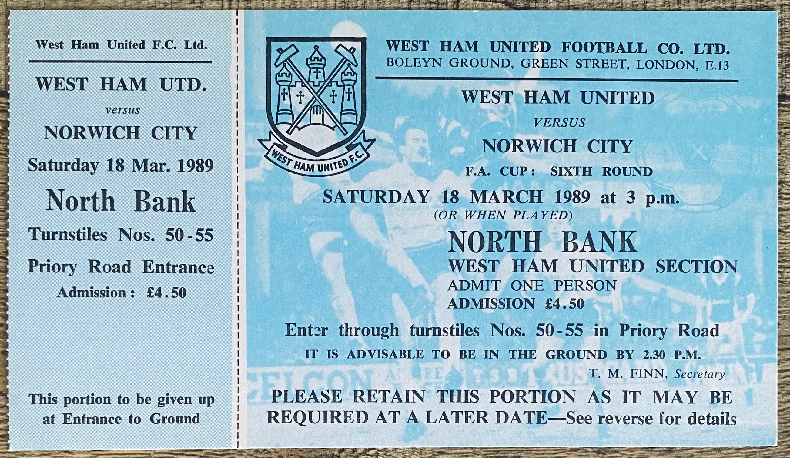 1988/89 ORIGINAL FA CUP 6TH ROUND UNUSED TICKET WEST HAM UNITED V NORWICH CITY