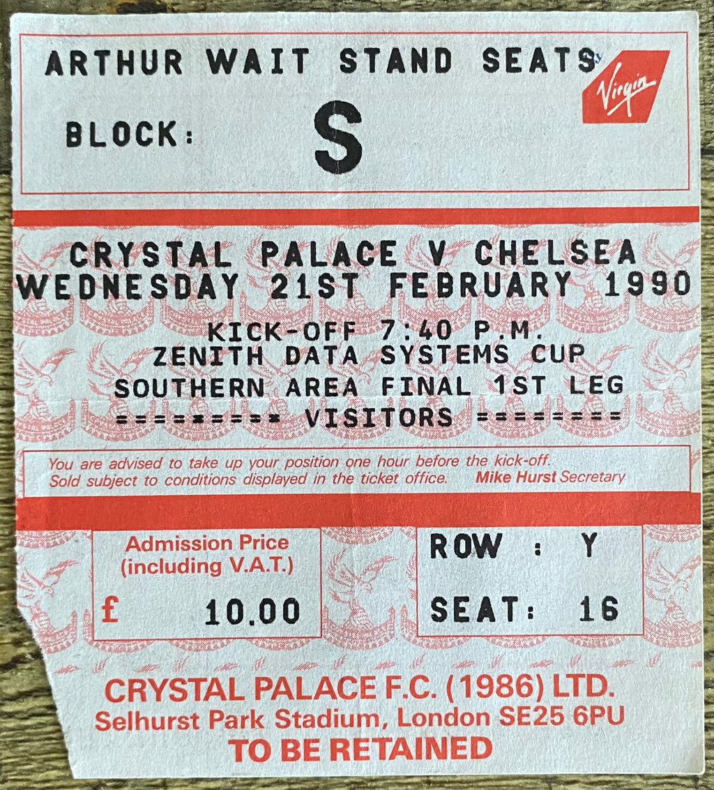1989/90 ORIGINAL ZENITH DATA SYSTEMS CUP SEMI FINAL 1ST LEG TICKET CRYSTAL PALACE V CHELSEA
