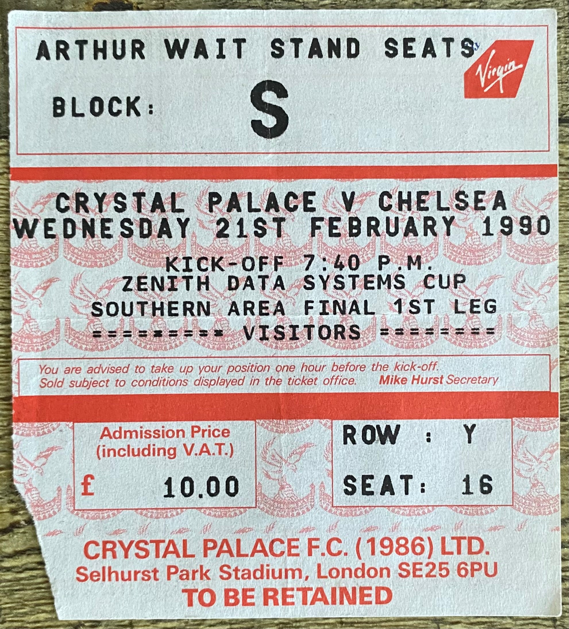 1989/90 ORIGINAL ZENITH DATA SYSTEMS CUP SEMI FINAL 1ST LEG TICKET CRYSTAL PALACE V CHELSEA