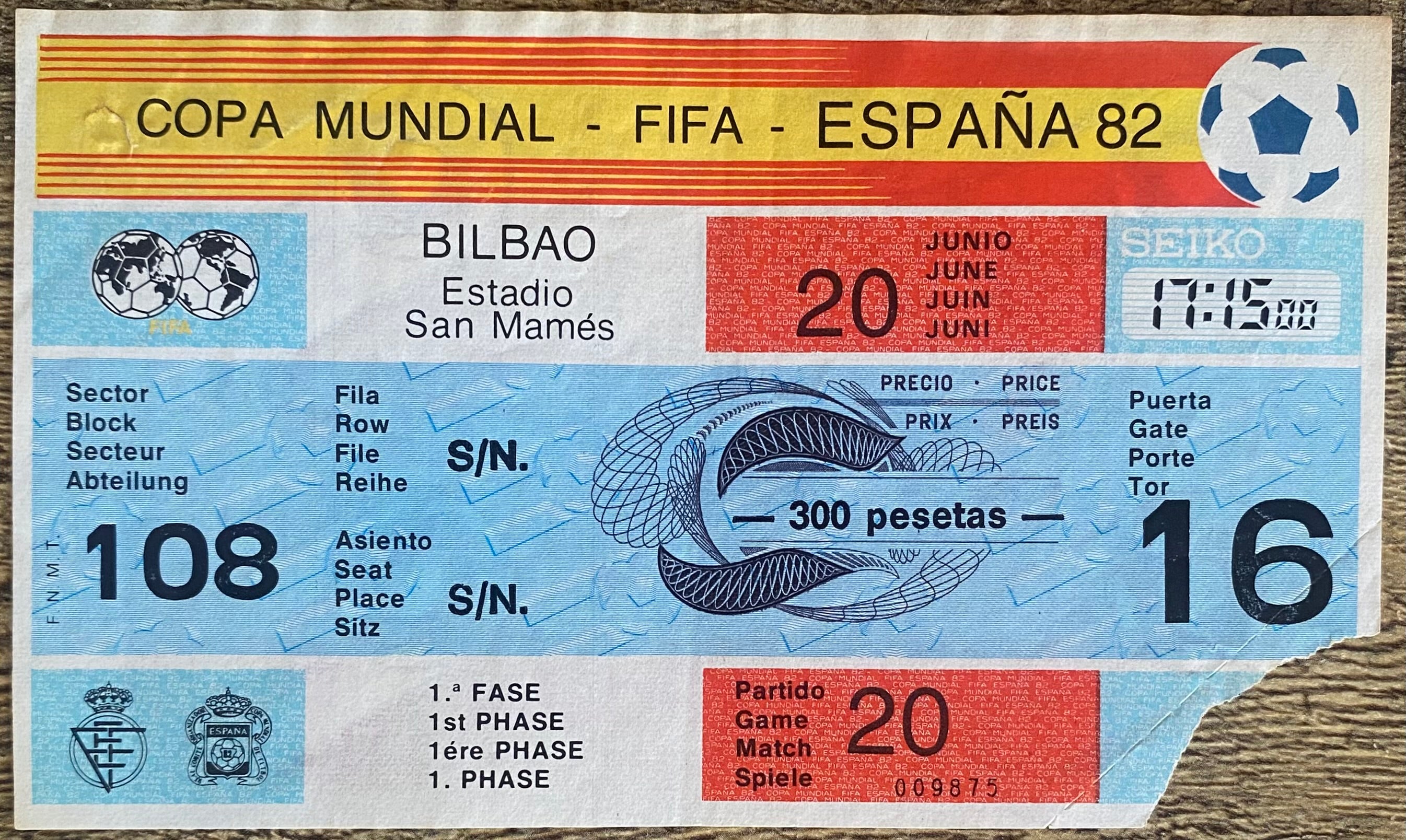 1982 ORIGINAL WORLD CUP 1ST ROUND TICKET ENGLAND V CZECHOSLOVAKIA @ BILBAO