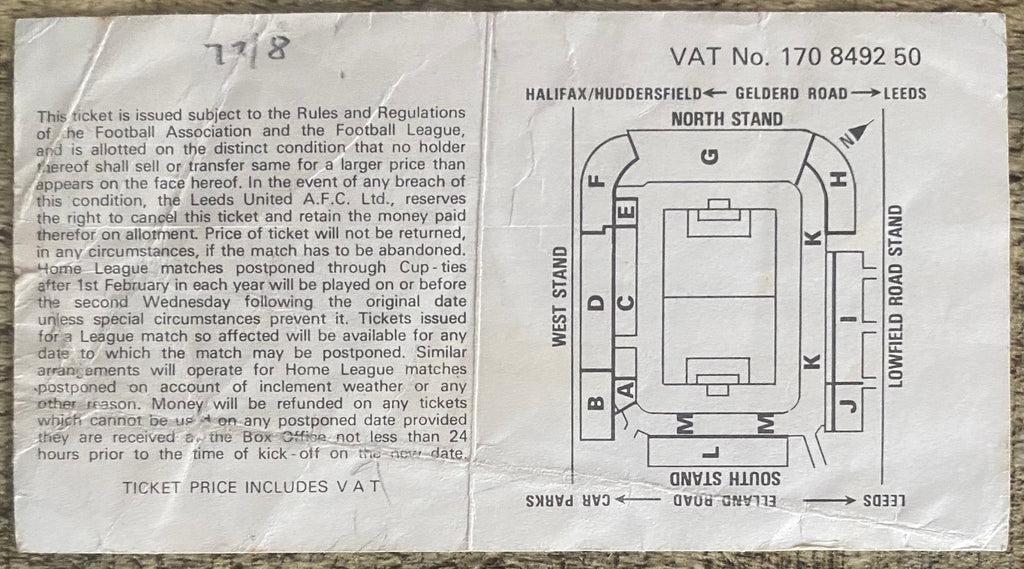 1977/78 ORIGINAL DIVISION ONE TICKET LEEDS UNITED V WEST HAM UNITED