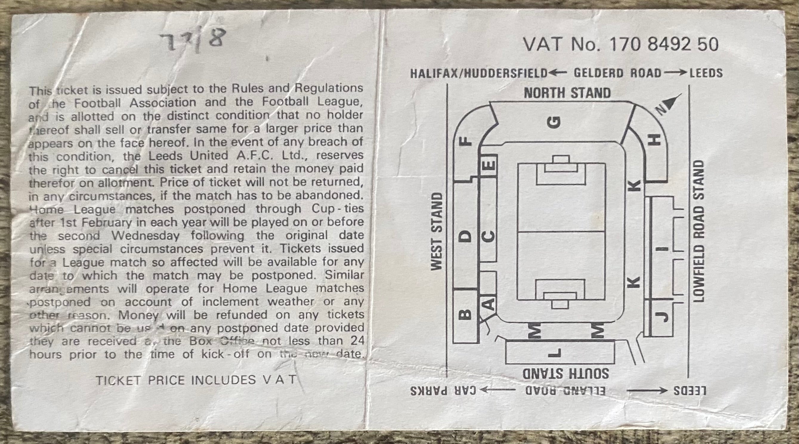 1977/78 ORIGINAL DIVISION ONE TICKET LEEDS UNITED V WEST HAM UNITED