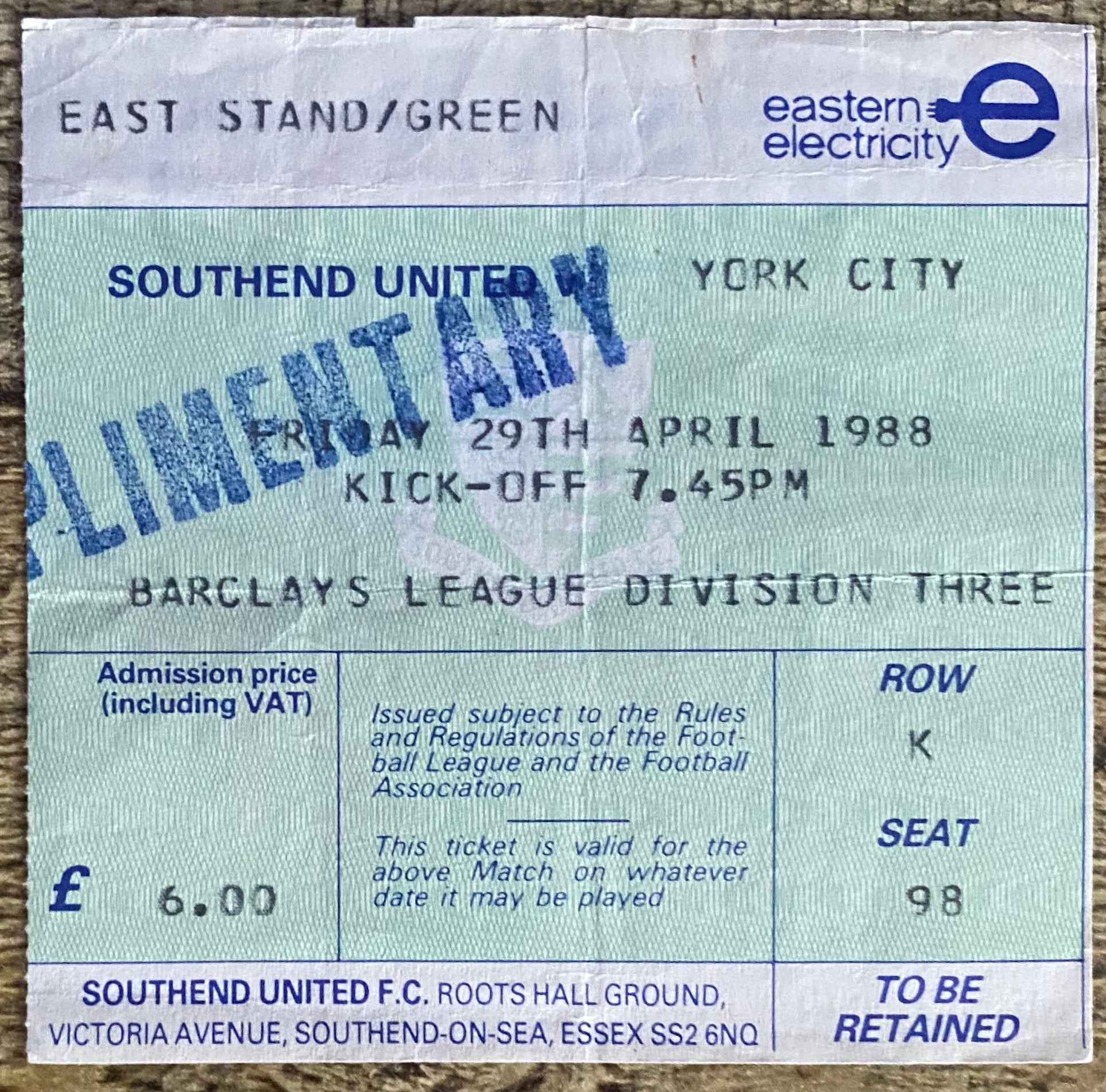 1987/88 ORIGINAL DIVISION 3 TICKET SOUTHEND UNITED V YORK CITY