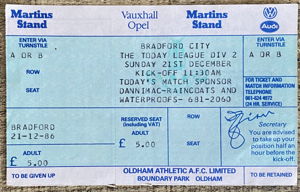 1986/87 ORIGINAL DIVISION 2 UNUSED TICKET OLDHAM ATHLETIC V BRADFORD CITY
