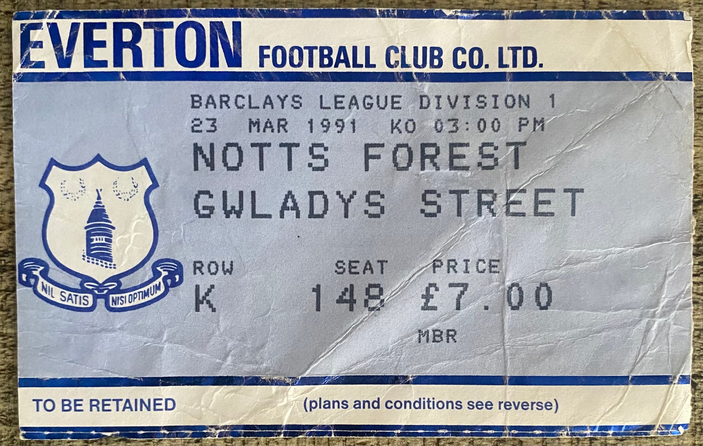 1990/91 ORIGINAL DIVISION ONE TICKET EVERTON V NOTTINGHAM FOREST + GUEST CARD
