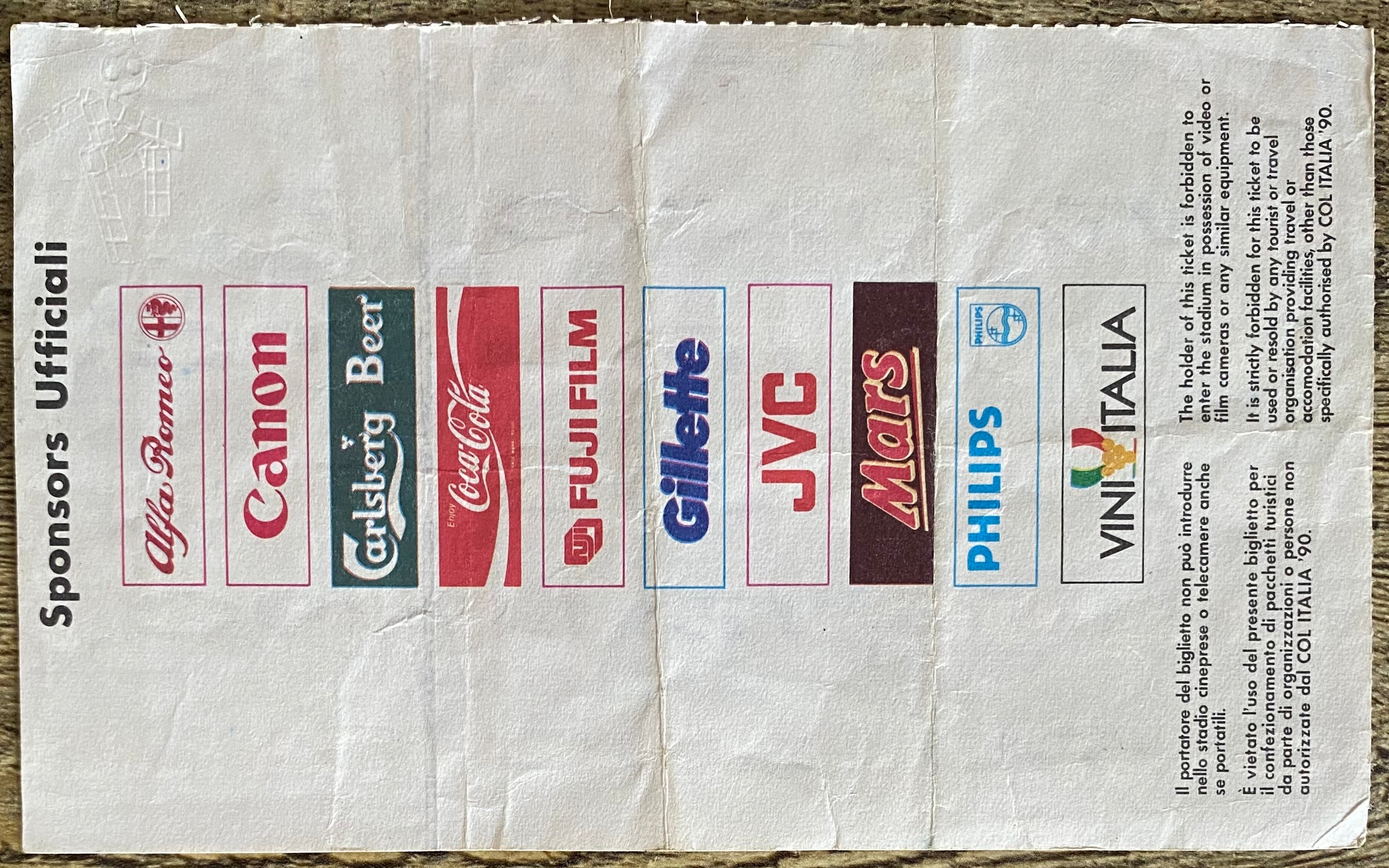 1990 ORIGINAL WORLD CUP 1ST ROUND TICKET SCOTLAND V BRAZIL @ TURIN
