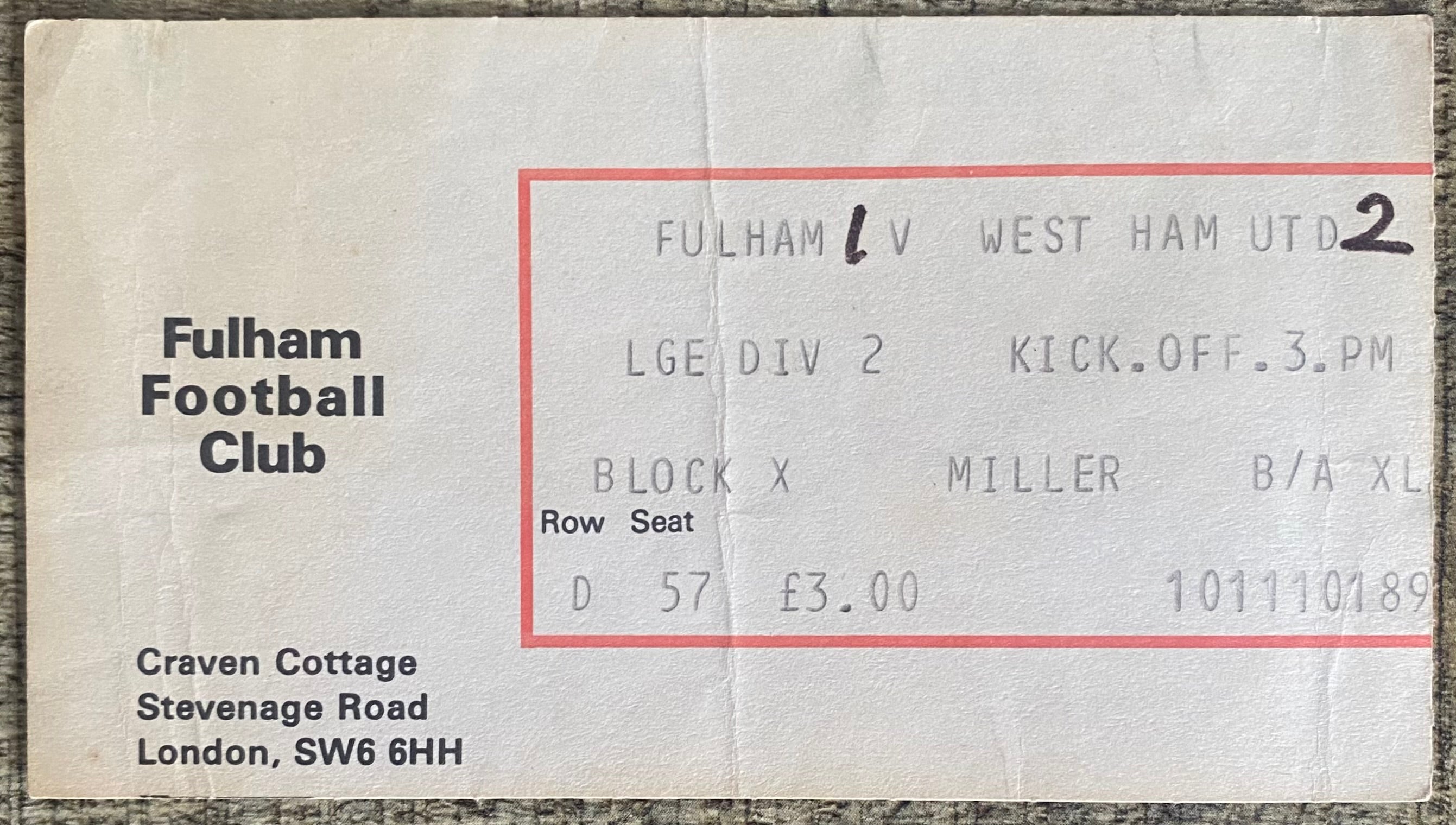 1979/80 ORIGINAL DIVISION 2 TICKET FULHAM V WEST HAM UNITED