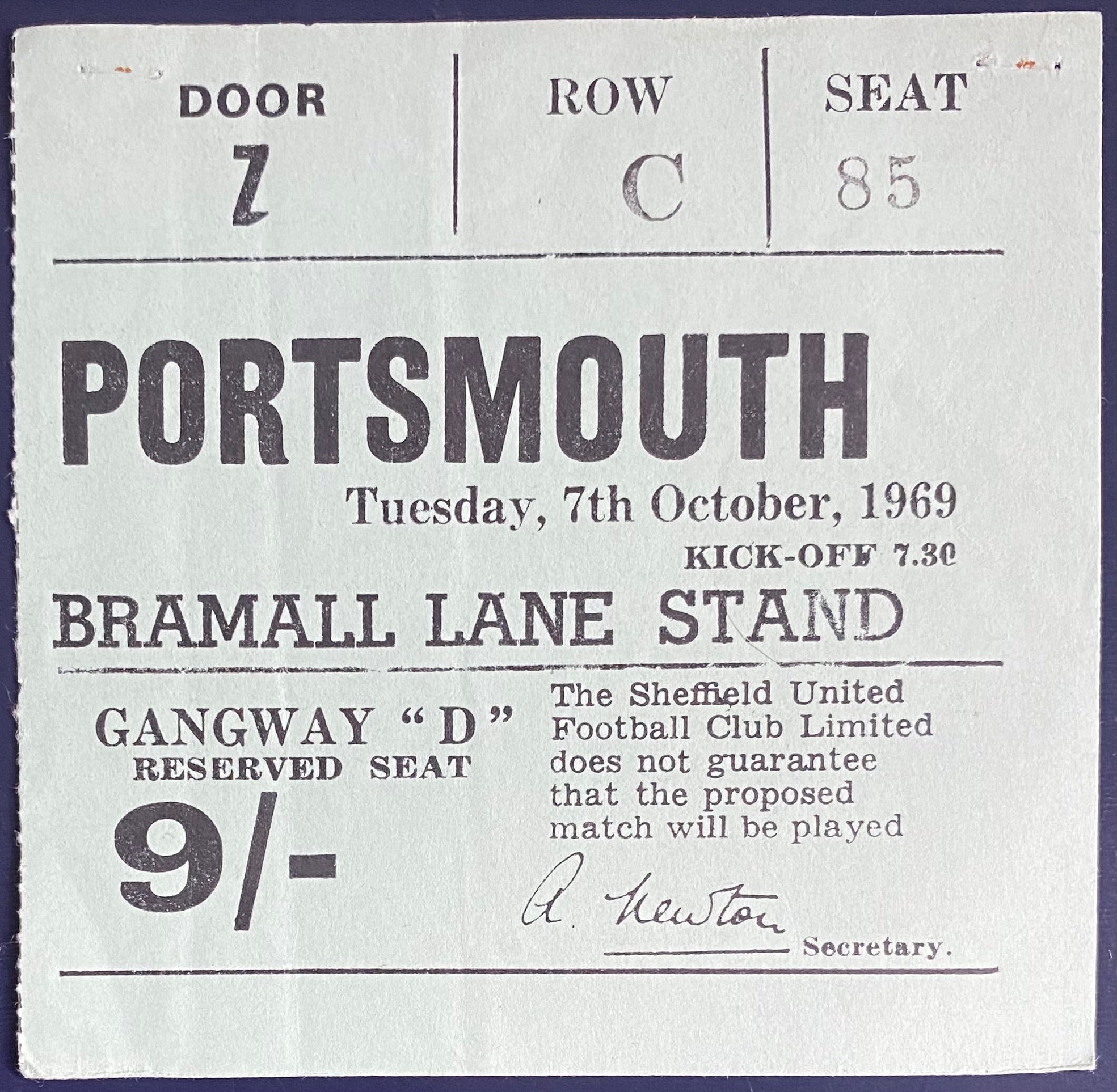 1969/70 ORIGINAL DIVISION 2 TICKET SHEFFIELD UNITED V PORTSMOUTH