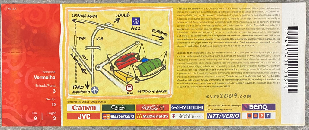 2004 ORIGINAL EUROPEAN CHAMPIONSHIPS UNUSED QUARTER FINAL TICKET SWEDEN V NETHERLANDS @ FARO