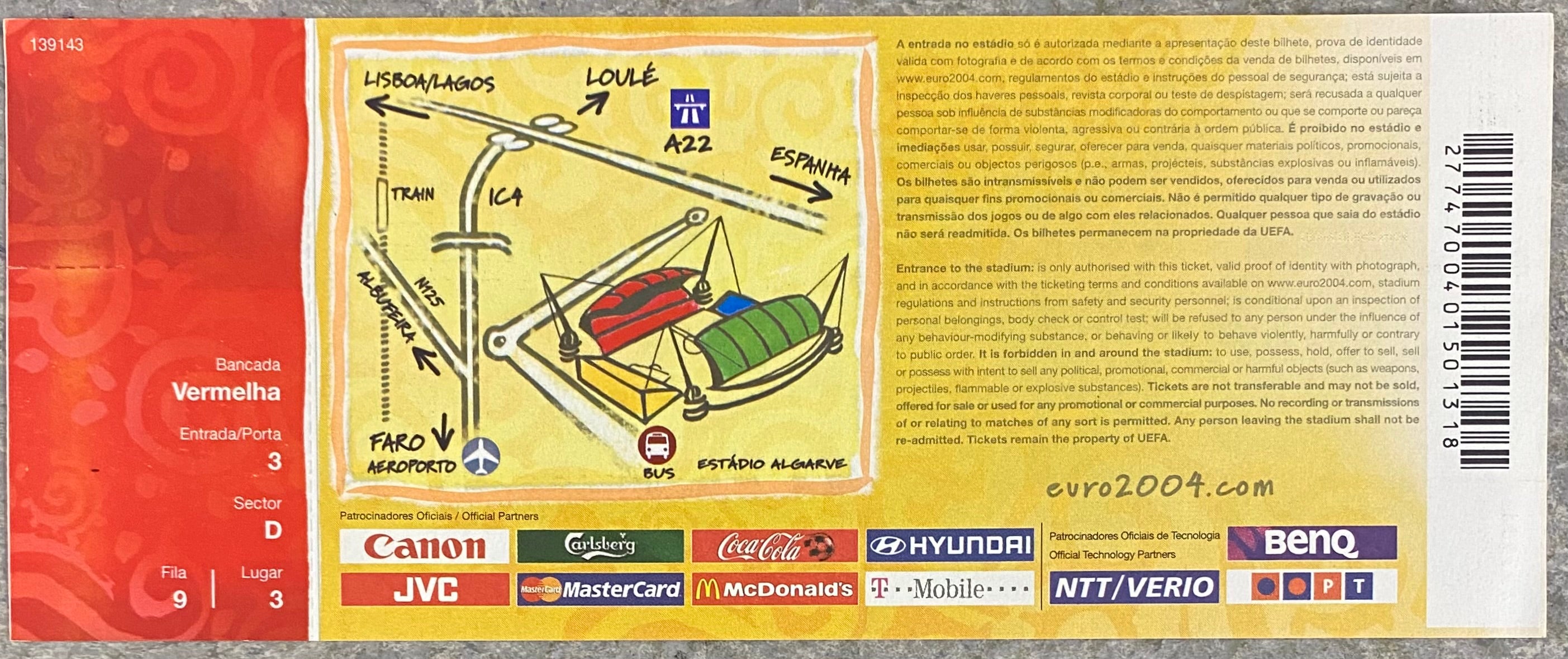 2004 ORIGINAL EUROPEAN CHAMPIONSHIPS UNUSED QUARTER FINAL TICKET SWEDEN V NETHERLANDS @ FARO