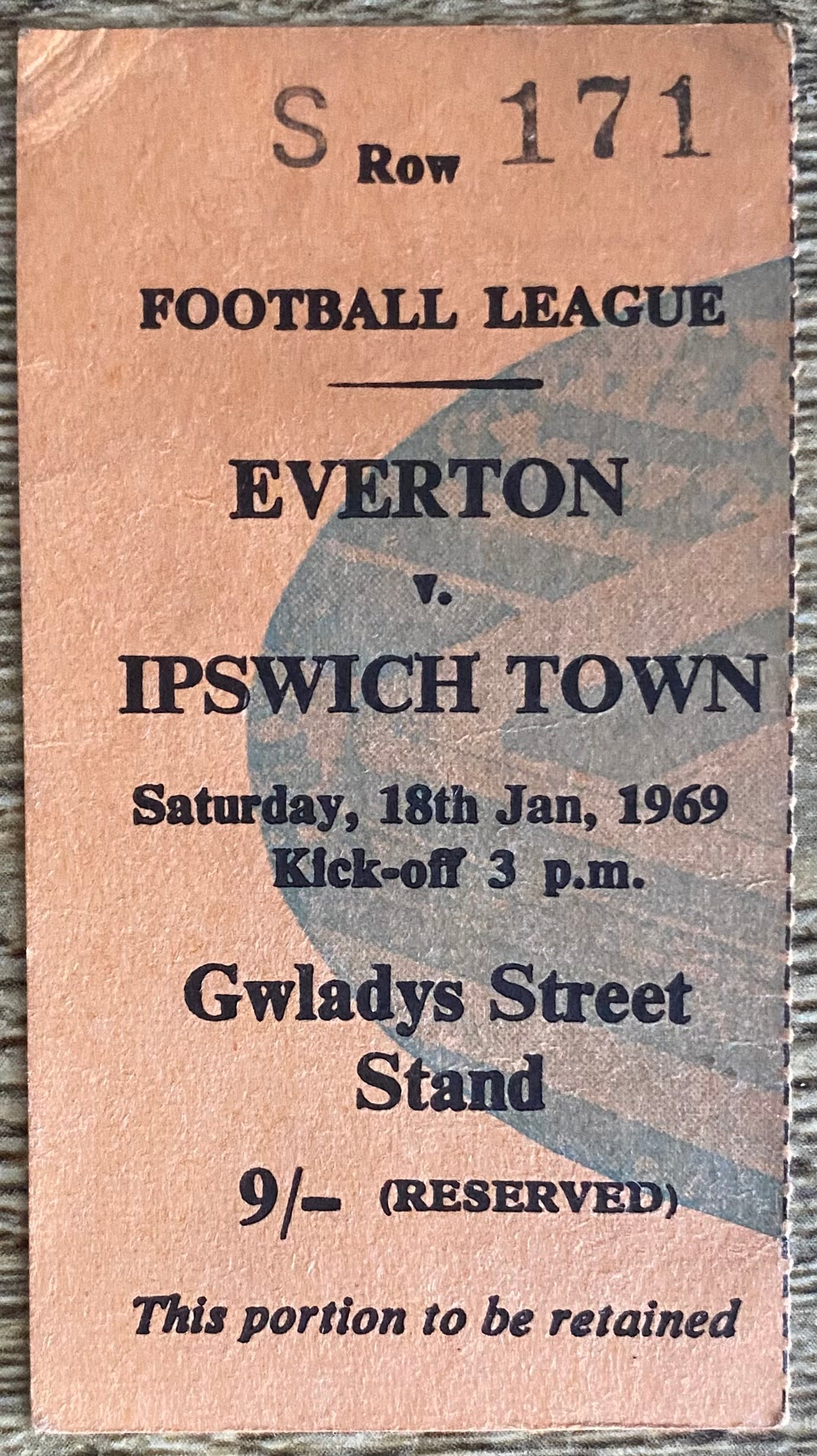 1968/69 ORIGINAL DIVISION ONE TICKET EVERTON V IPSWICH TOWN