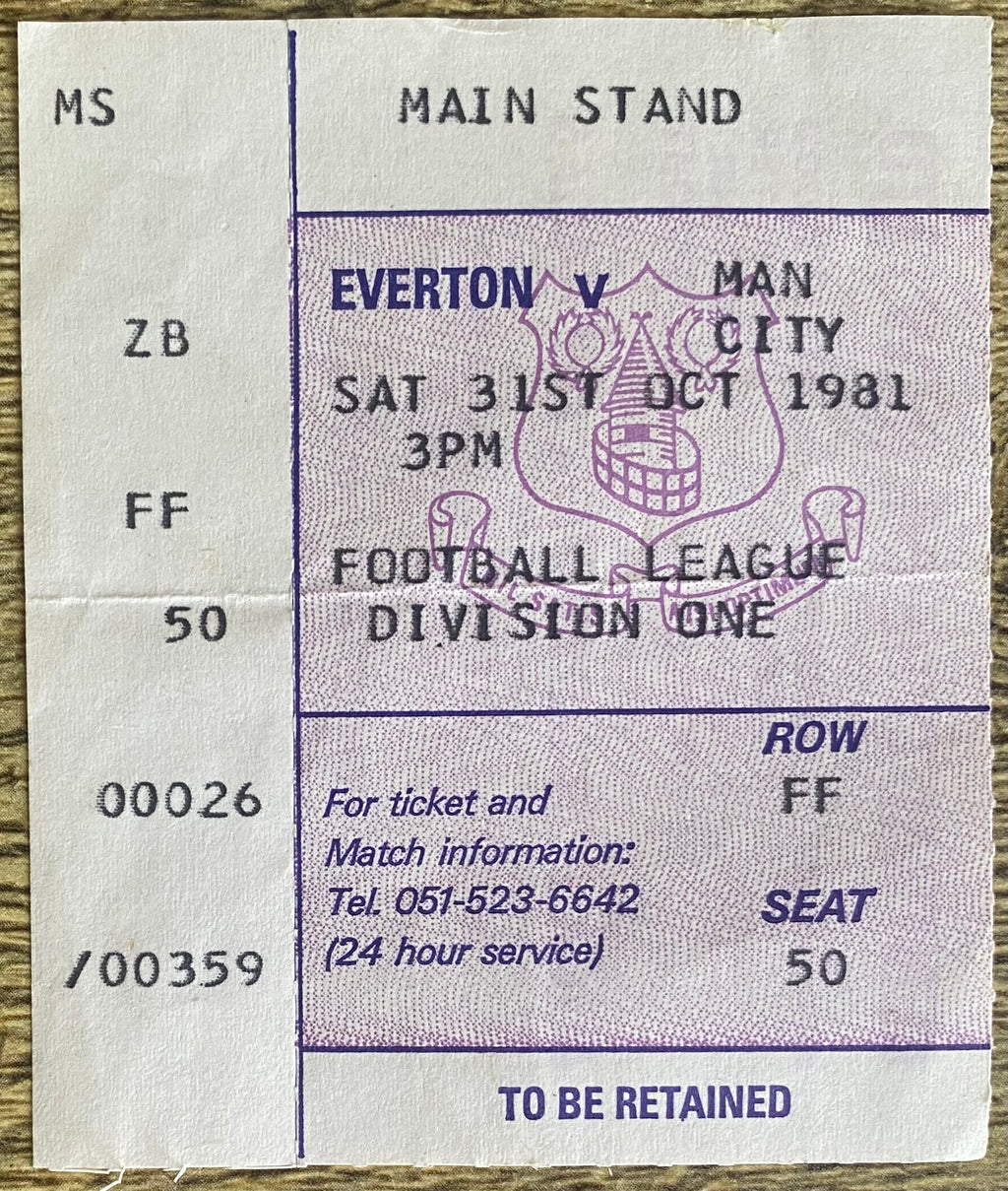 1981/82 ORIGINAL DIVISION ONE TICKET EVERTON V MANCHESTER CITY