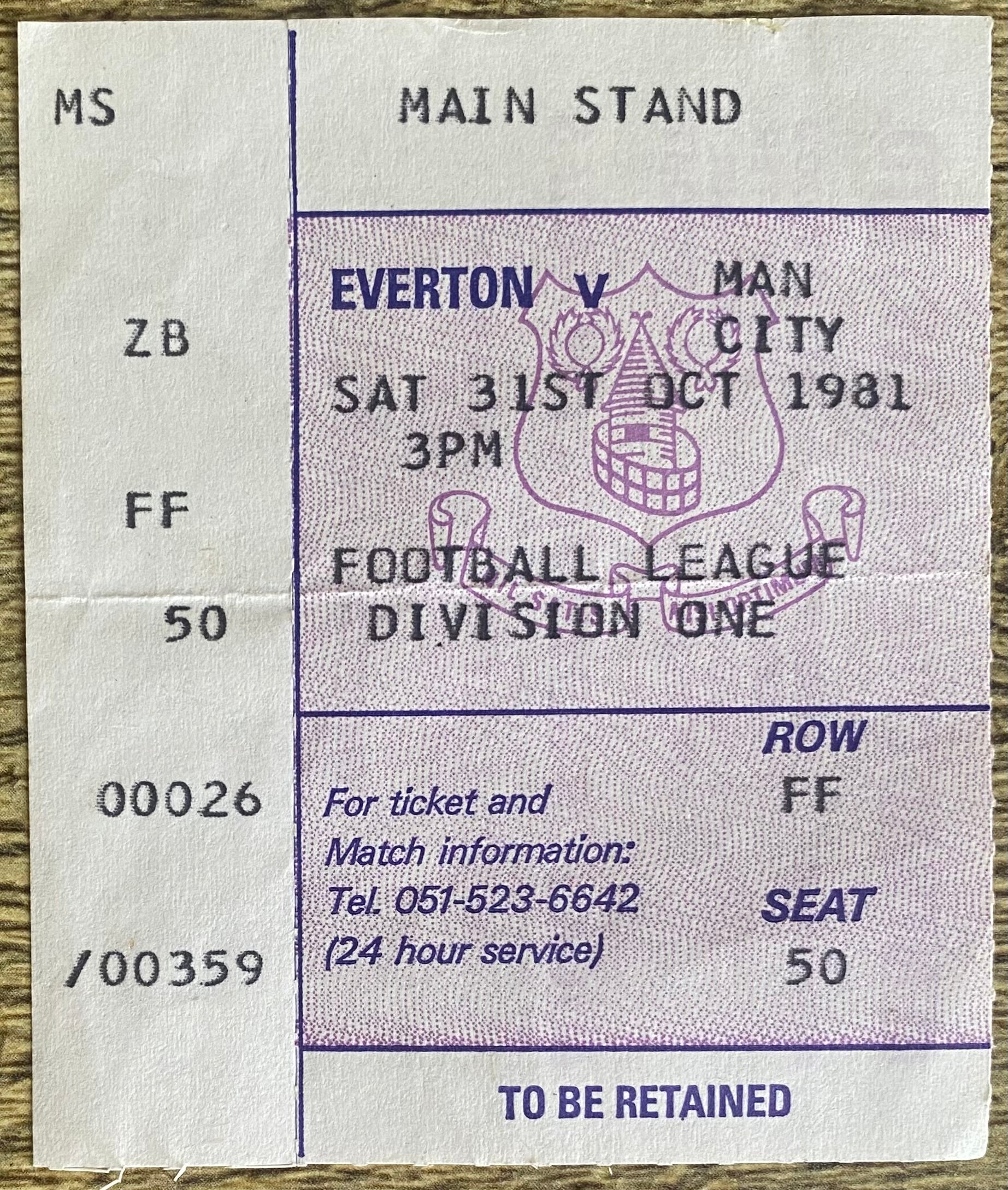 1981/82 ORIGINAL DIVISION ONE TICKET EVERTON V MANCHESTER CITY