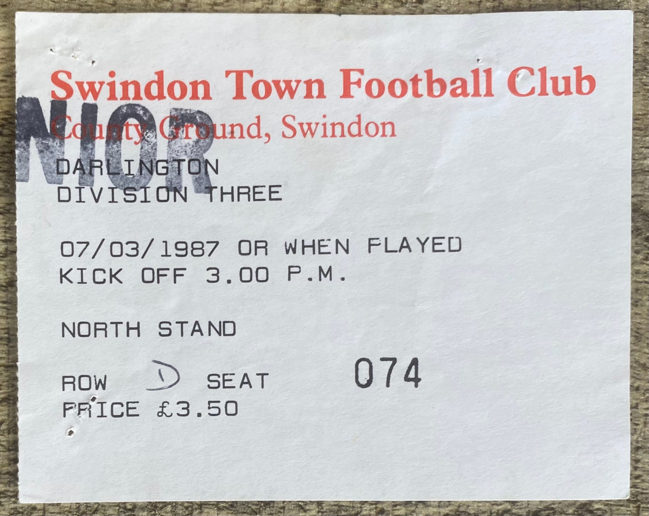1986/87 ORIGINAL DIVISION 3 TICKET SWINDON TOWN V DARLINGTON