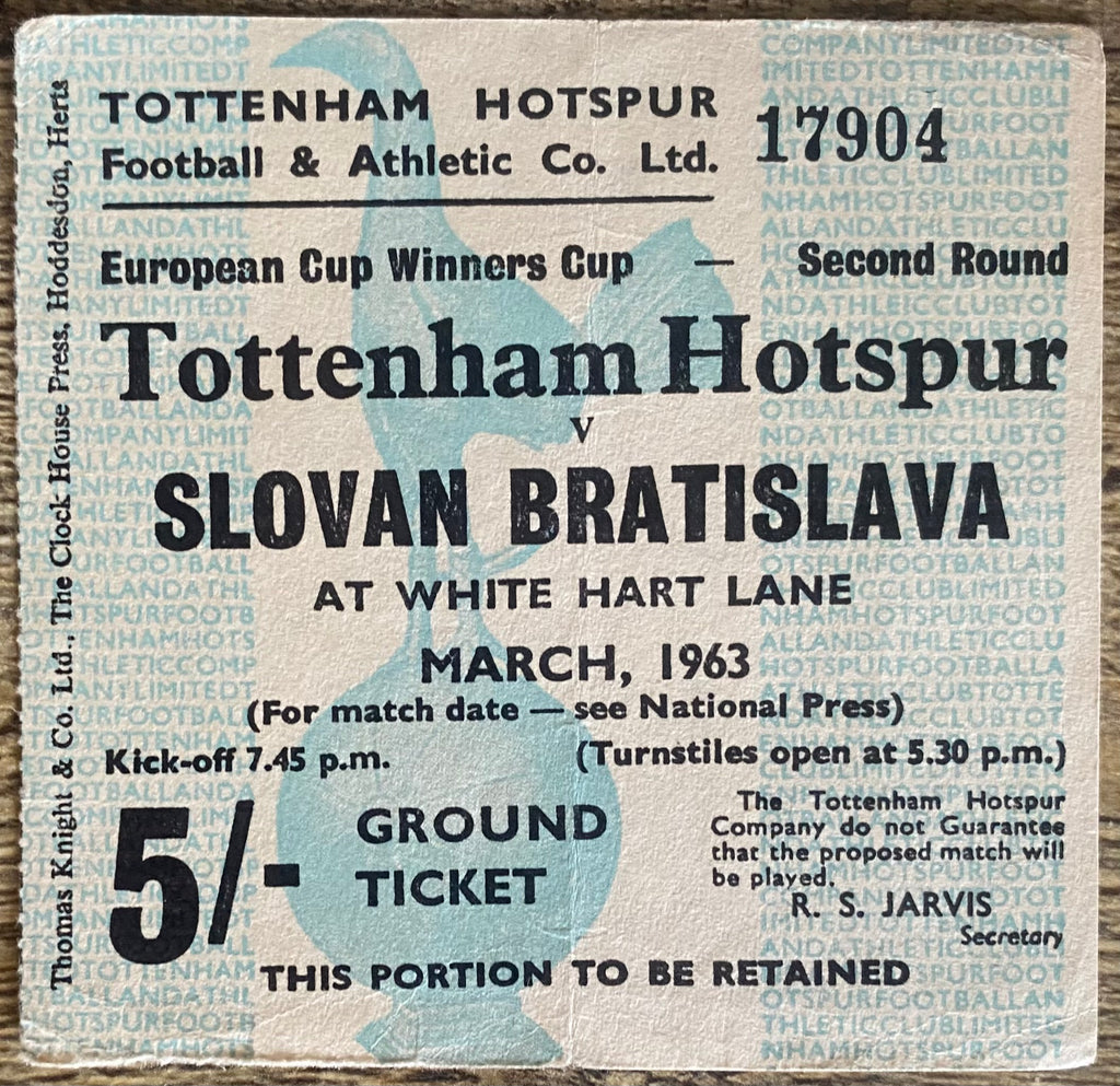 1962/63 ORIGINAL EUROPEAN CUP WINNERS CUP 2ND ROUND 2ND LEG TICKET TOTTENHAM HOTSPUR V SLOVAN BRATISLAVA