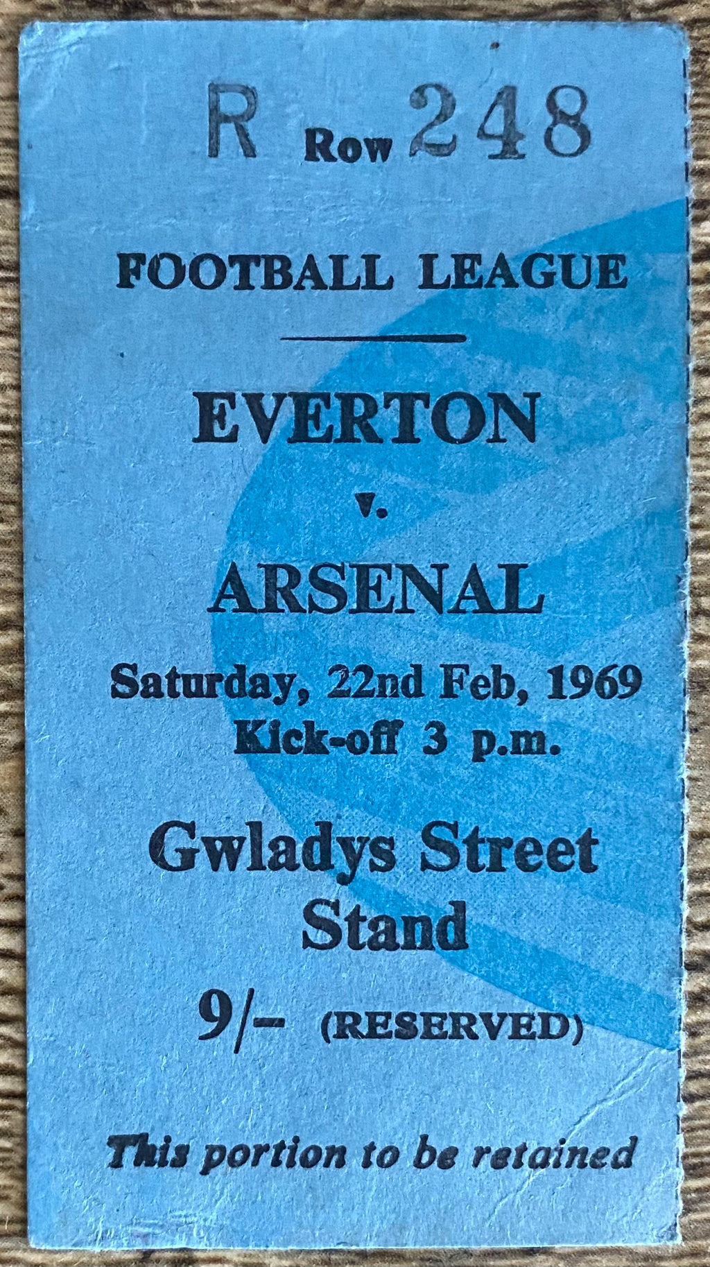 1968/69 ORIGINAL DIVISION ONE TICKET EVERTON V ARSENAL