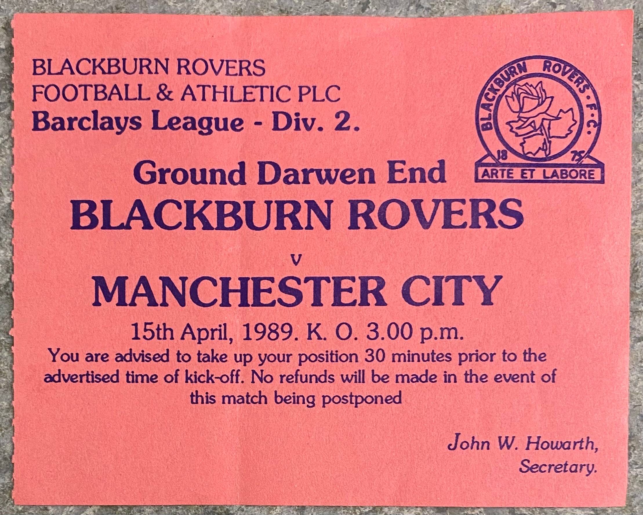 1988/89 ORIGINAL DIVISION 2 TICKET BLACKBURN ROVERS V MANCHESTER CITY