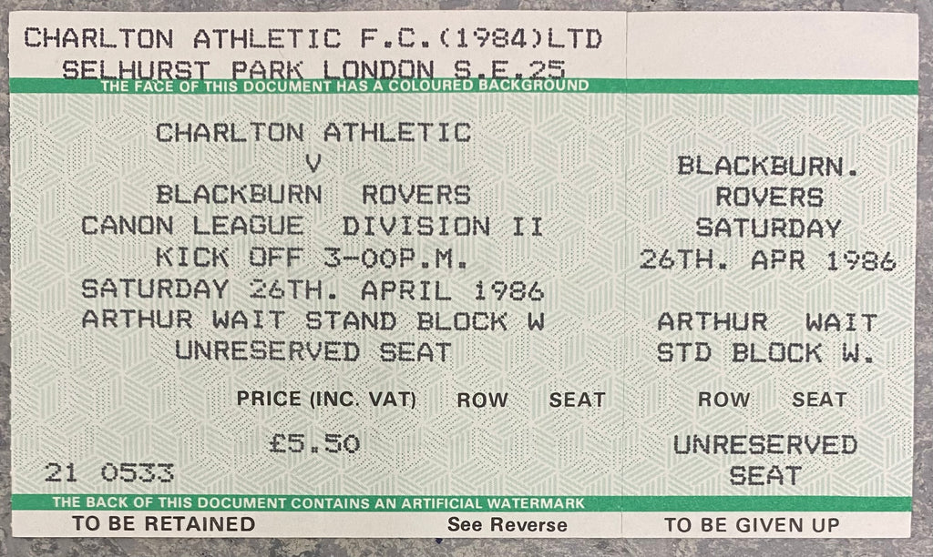 1985/86 ORIGINAL DIVISION TWO UNUSED TICKET CHARLTON ATHLETIC V BLACKBURN ROVERS