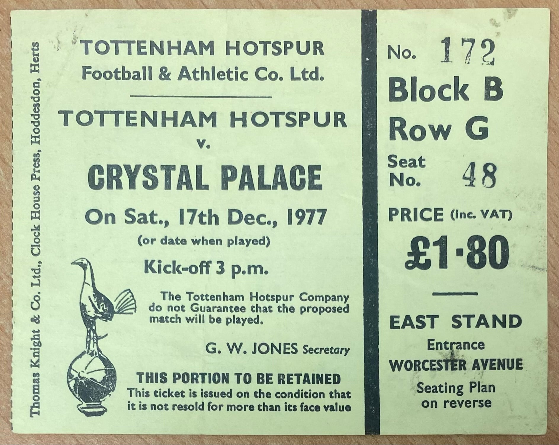 1977/78 ORIGINAL DIVISION TWO TICKET TOTTENHAM HOTSPUR V CRYSTAL PALACE