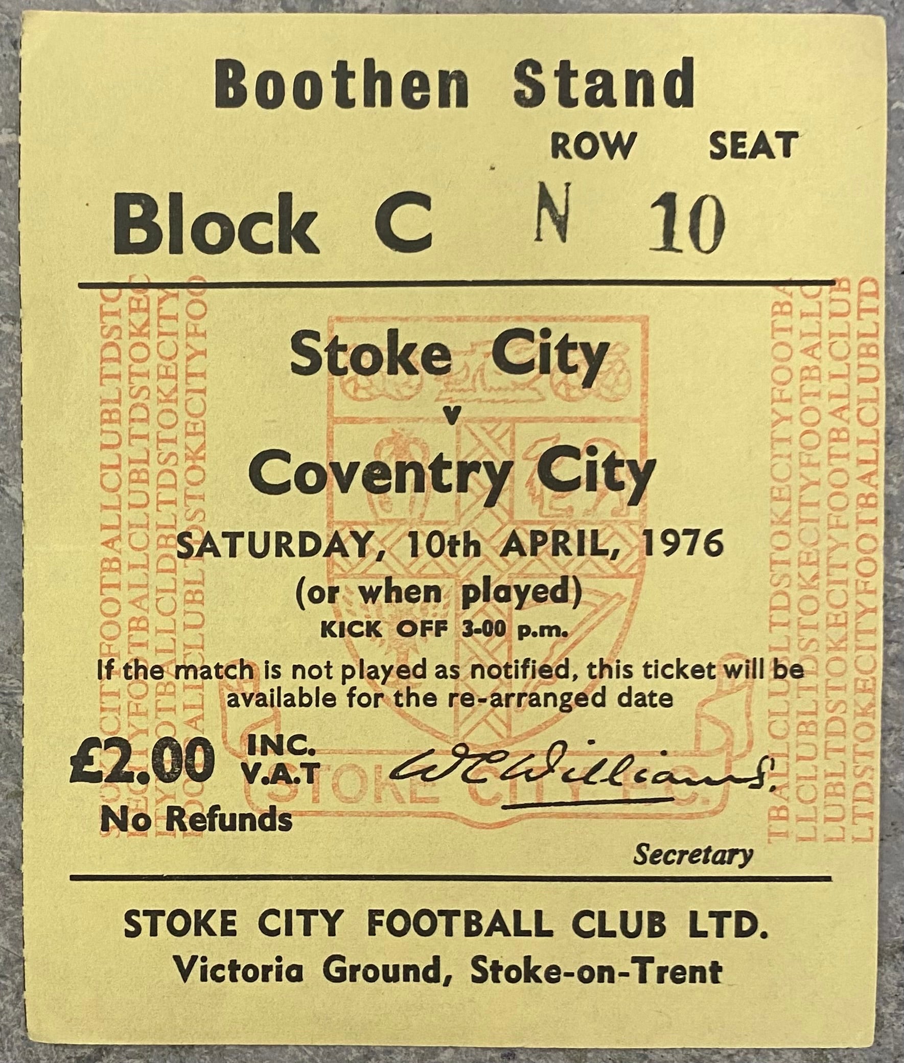 1975/76 ORIGINAL DIVISION ONE TICKET STOKE CITY V COVENTRY CITY