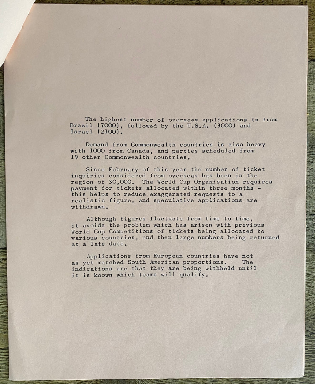 1966 WORLD CUP ORGANISATION ORIGINAL OFFICIAL PRESS CONFERENCE AGENDA JULY 1965 (6 PAGES)