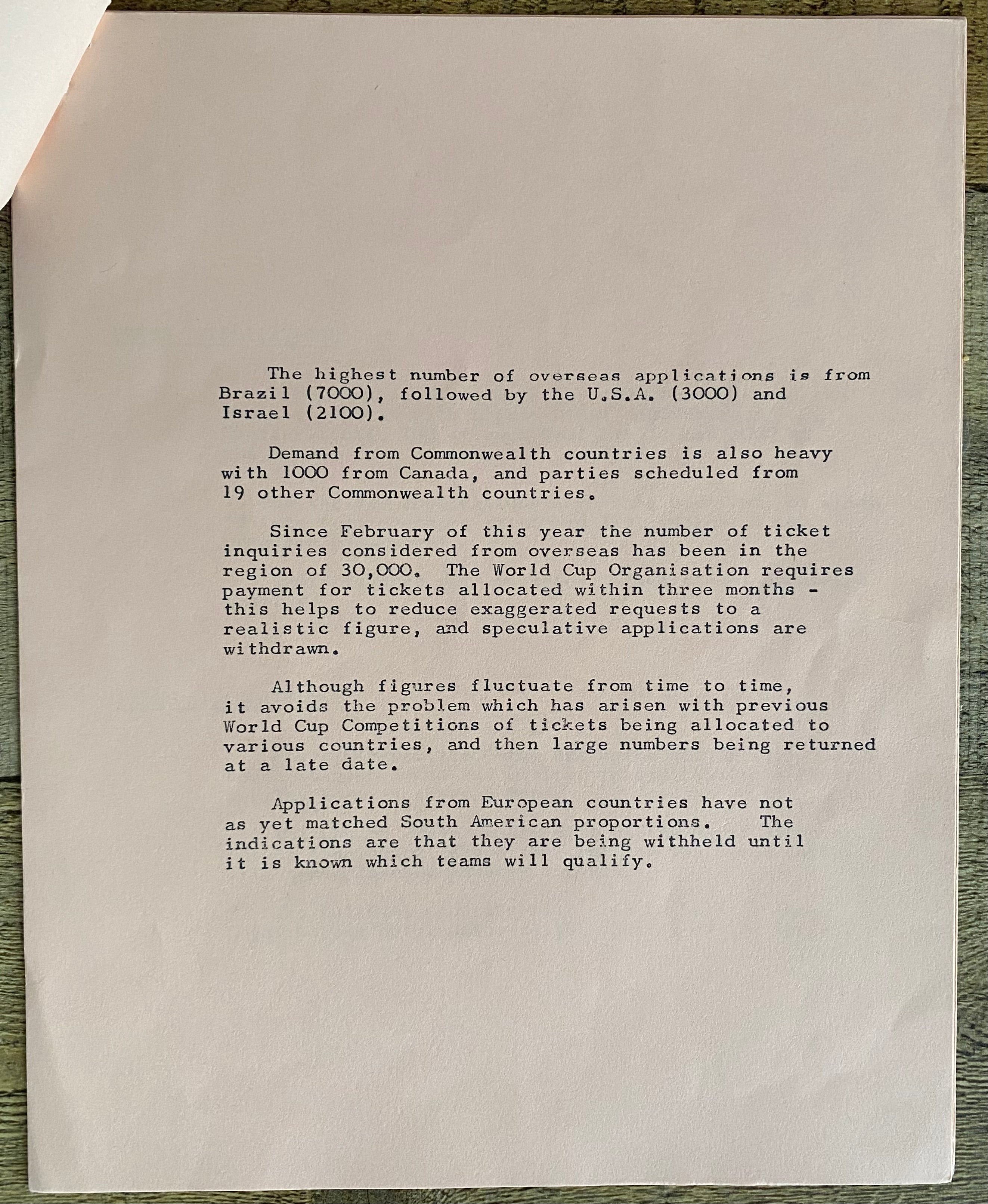 1966 WORLD CUP ORGANISATION ORIGINAL OFFICIAL PRESS CONFERENCE AGENDA JULY 1965 (6 PAGES)