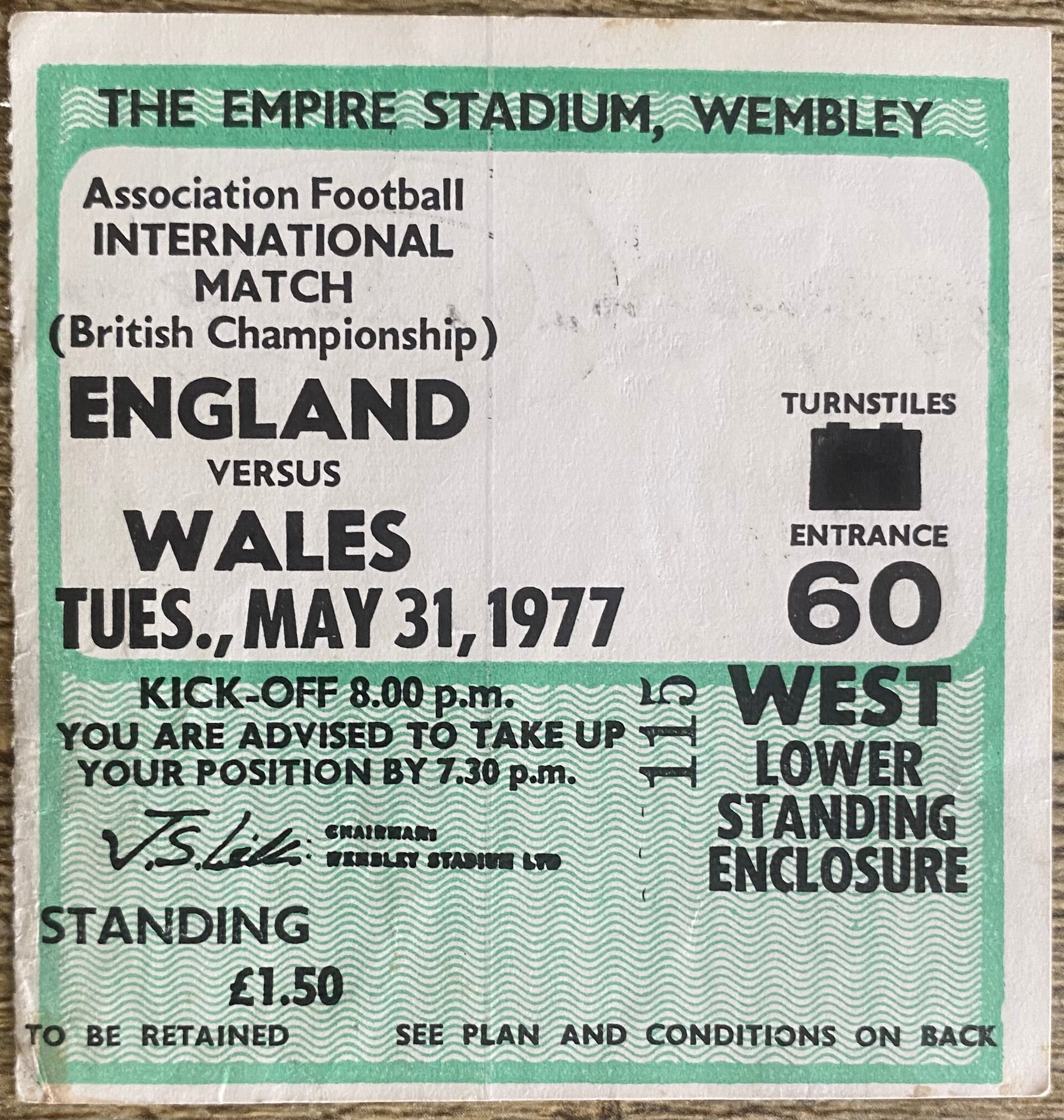 1977 ORIGINAL BRITISH HOME INTERNATIONAL CHAMPIONSHIPS TICKET ENGLAND V WALES