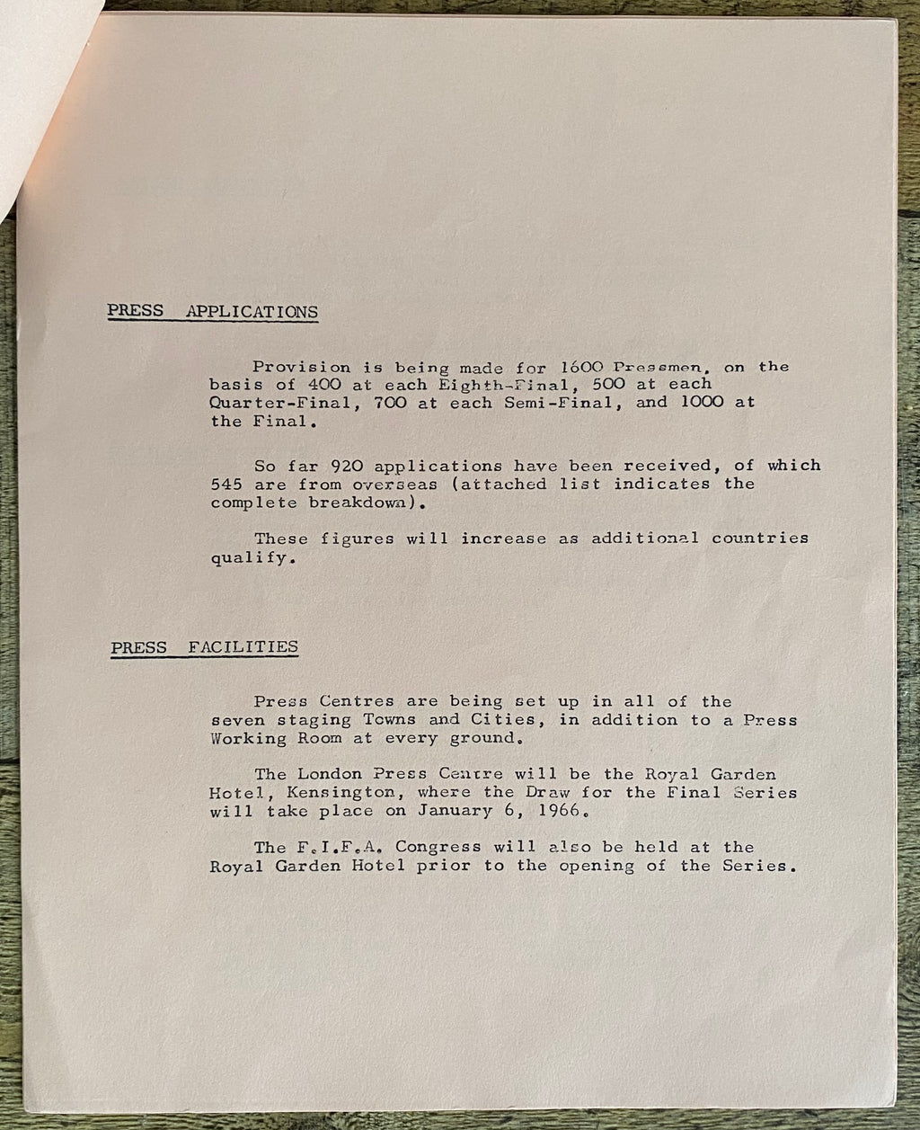 1966 WORLD CUP ORGANISATION ORIGINAL OFFICIAL PRESS CONFERENCE AGENDA JULY 1965 (6 PAGES)