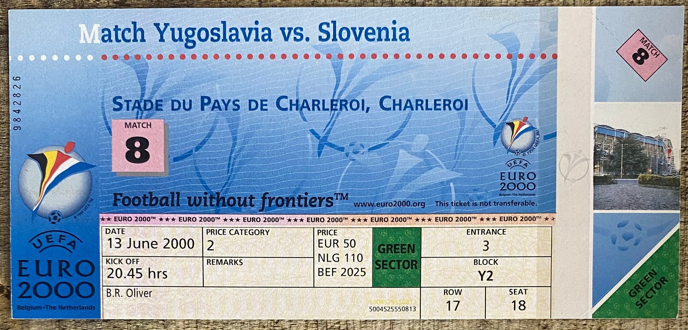 2000 ORIGINAL EUROPEAN CHAMPIONSHIPS EURO 2000 UNUSED TICKET YUGOSLAVIA V SLOVENIA @ CHARLEROI