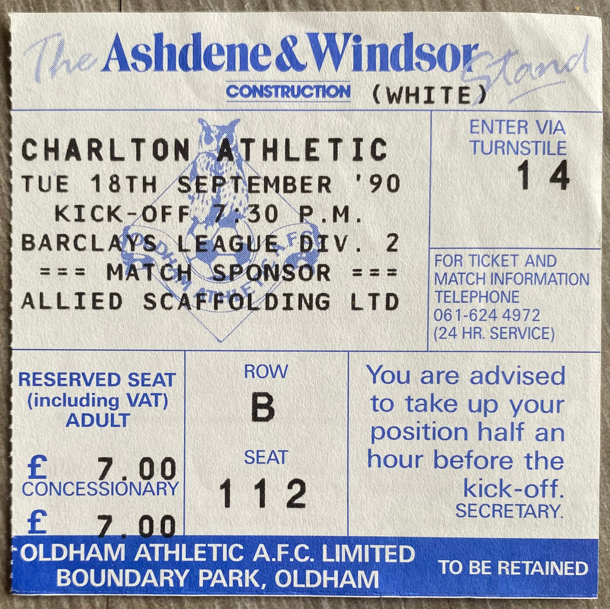 1990/91 ORIGINAL DIVISION 2 TICKET OLDHAM ATHLETIC V CHARLTON ATHLETIC