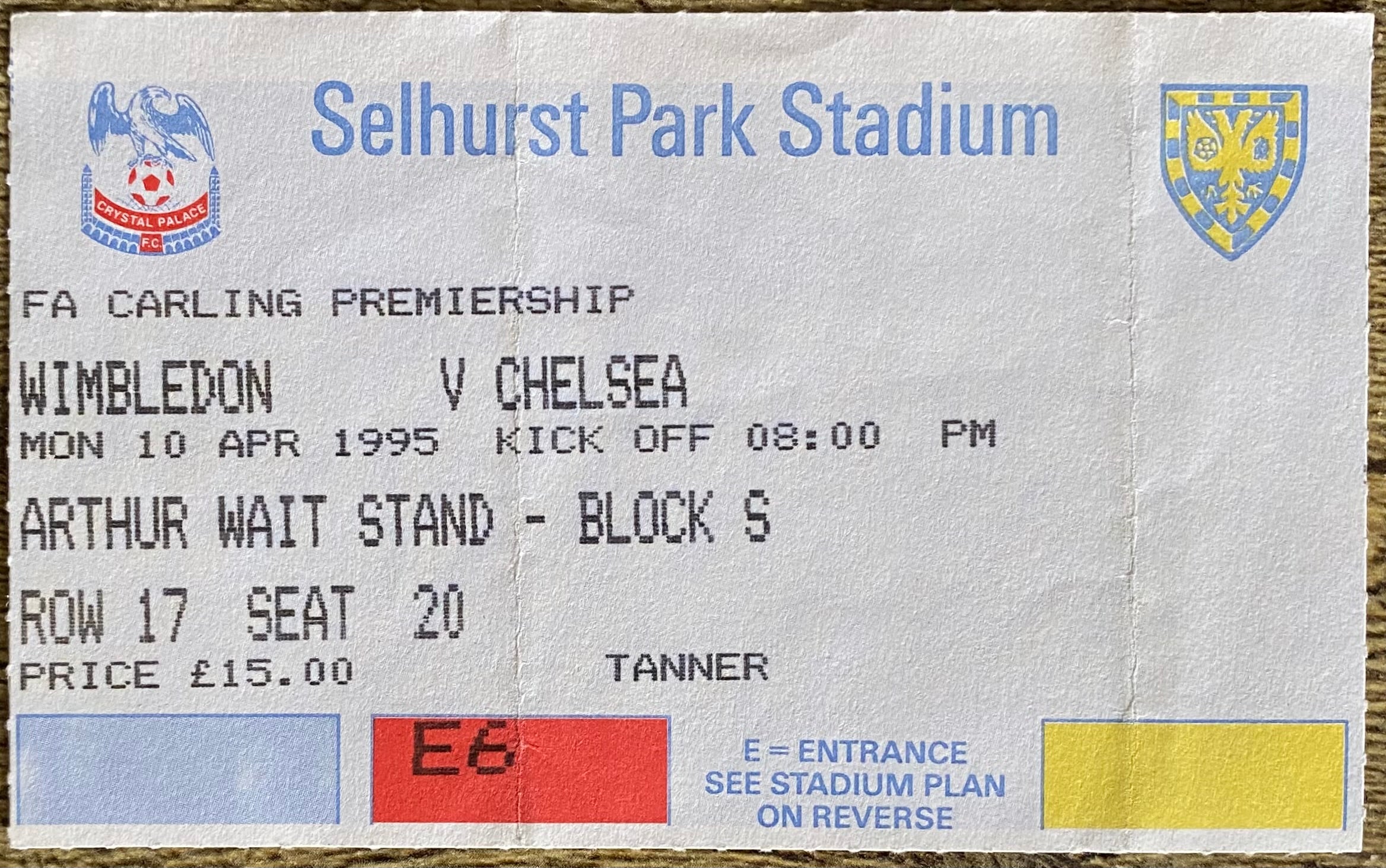 1994/95 ORIGINAL FA PREMIERSHIP TICKET WIMBLEDON V CHELSEA
