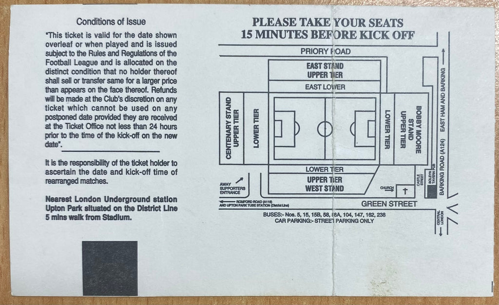 1995/96 ORIGINAL FA PREMIERSHIP TICKET WEST HAM UNITED V NEWCASTLE UNITED