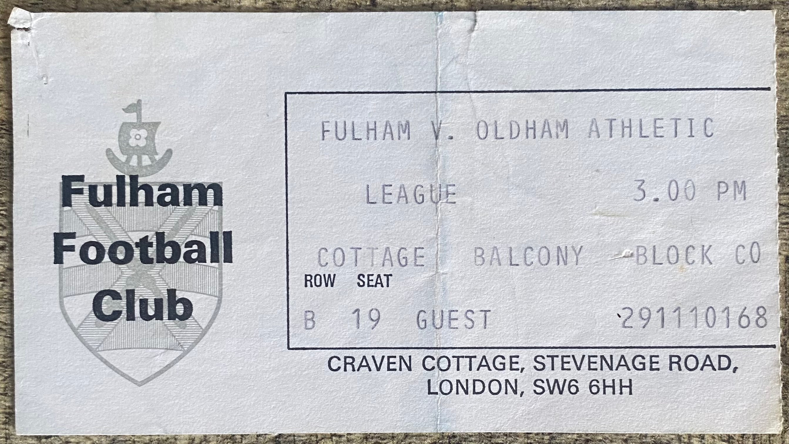 1976/77 ORIGINAL DIVISION 2 TICKET FULHAM V OLDHAM ATHLETIC