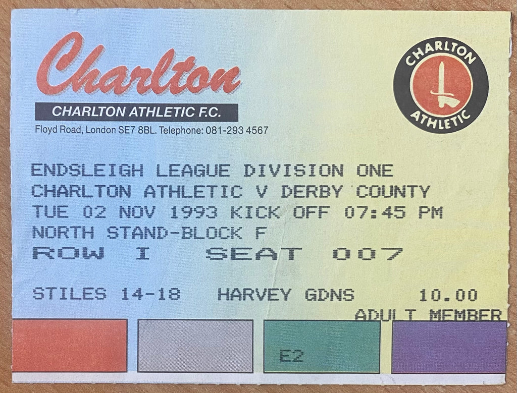 1993/94 ORIGINAL DIVISION 1 TICKET CHARLTON ATHLETIC V DERBY COUNTY