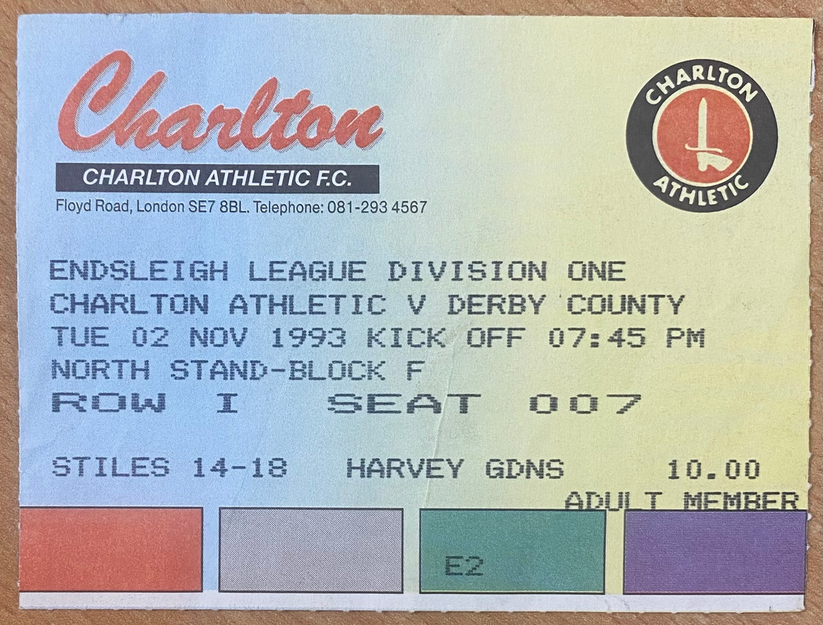 1993/94 ORIGINAL DIVISION 1 TICKET CHARLTON ATHLETIC V DERBY COUNTY