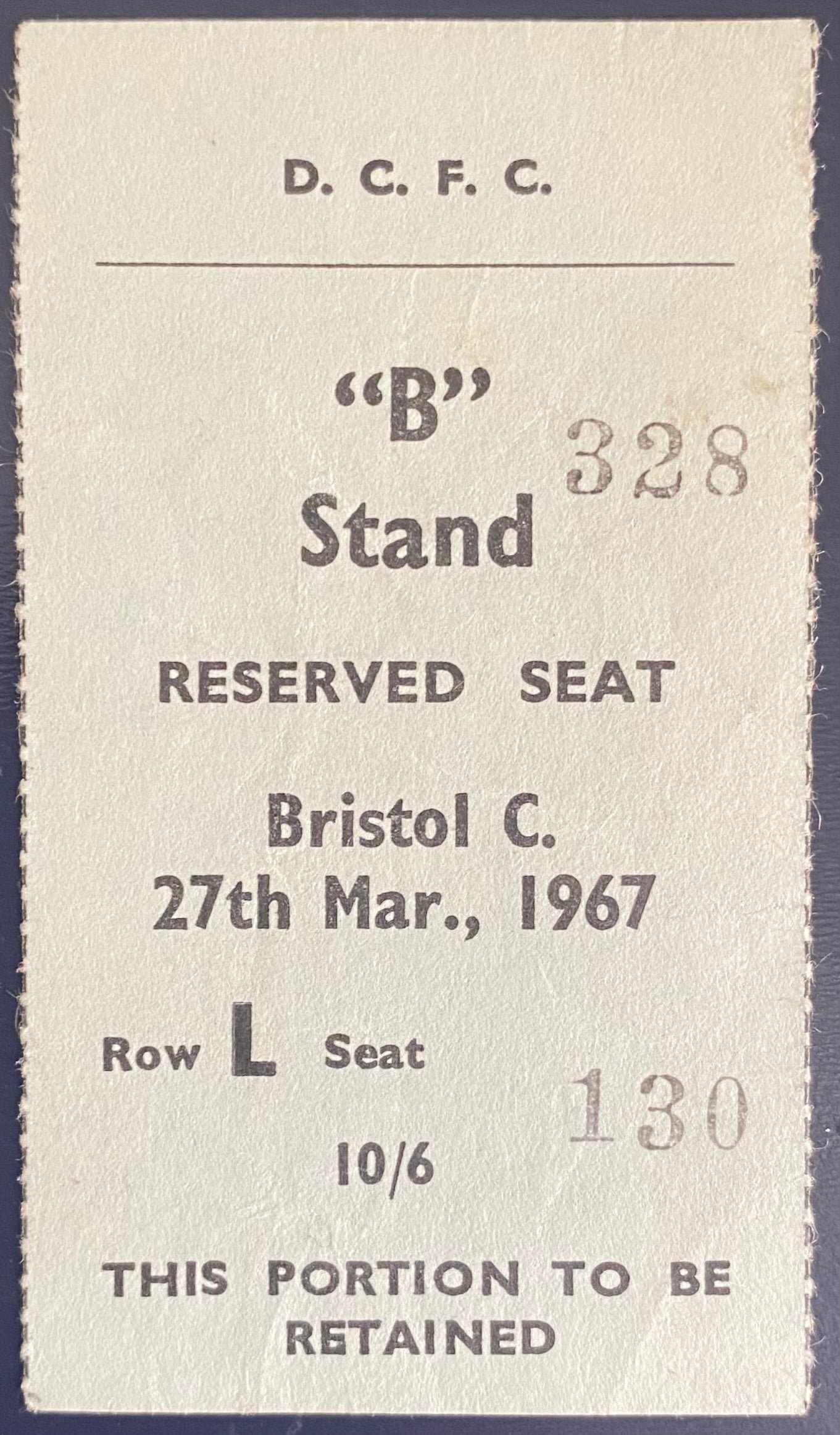 1966/67 ORIGINAL DIVISION 2 TICKET DERBY COUNTY V BRISTOL CITY