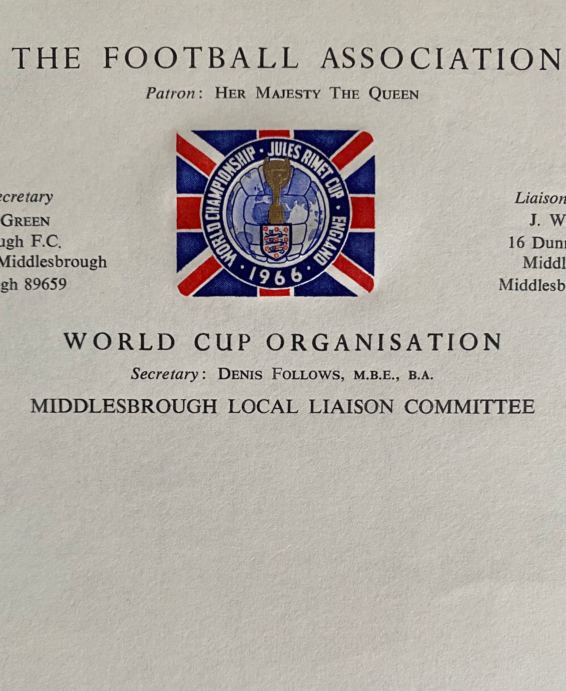 1966 WORLD CUP ORGANISATION ORIGINAL OFFICIAL UNUSED LETTER AYRESOME PARK