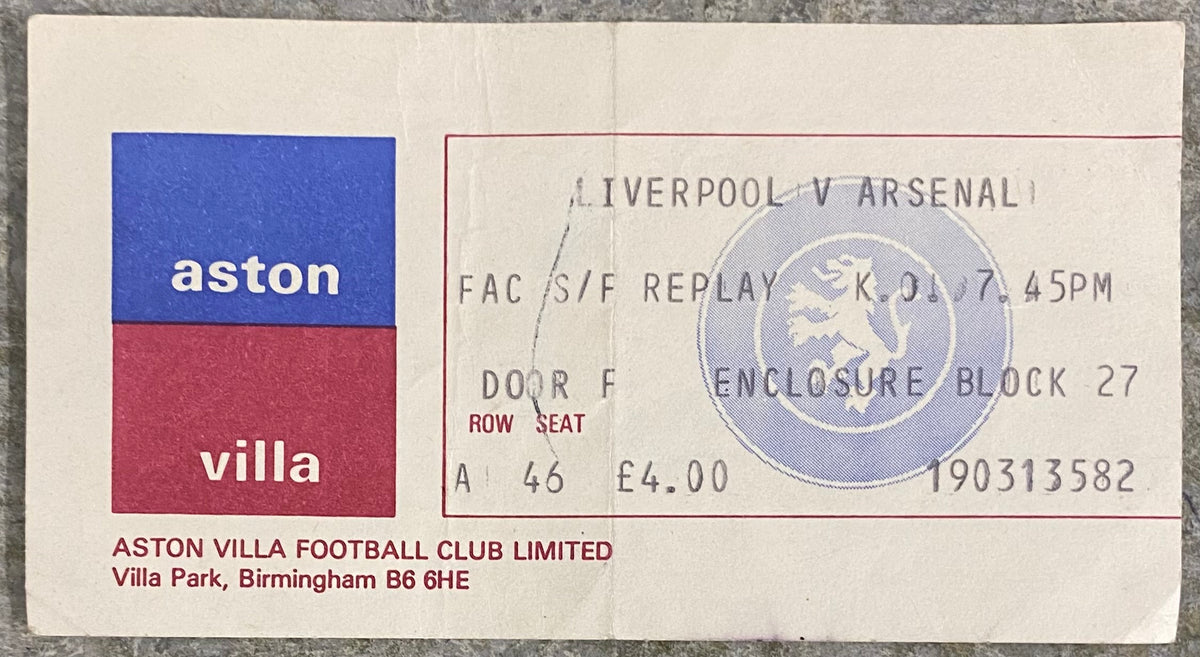 1980 ORIGINAL FA CUP SEMI FINAL REPLAY TICKET LIVERPOOL V ARSENAL @VILLA PARK
