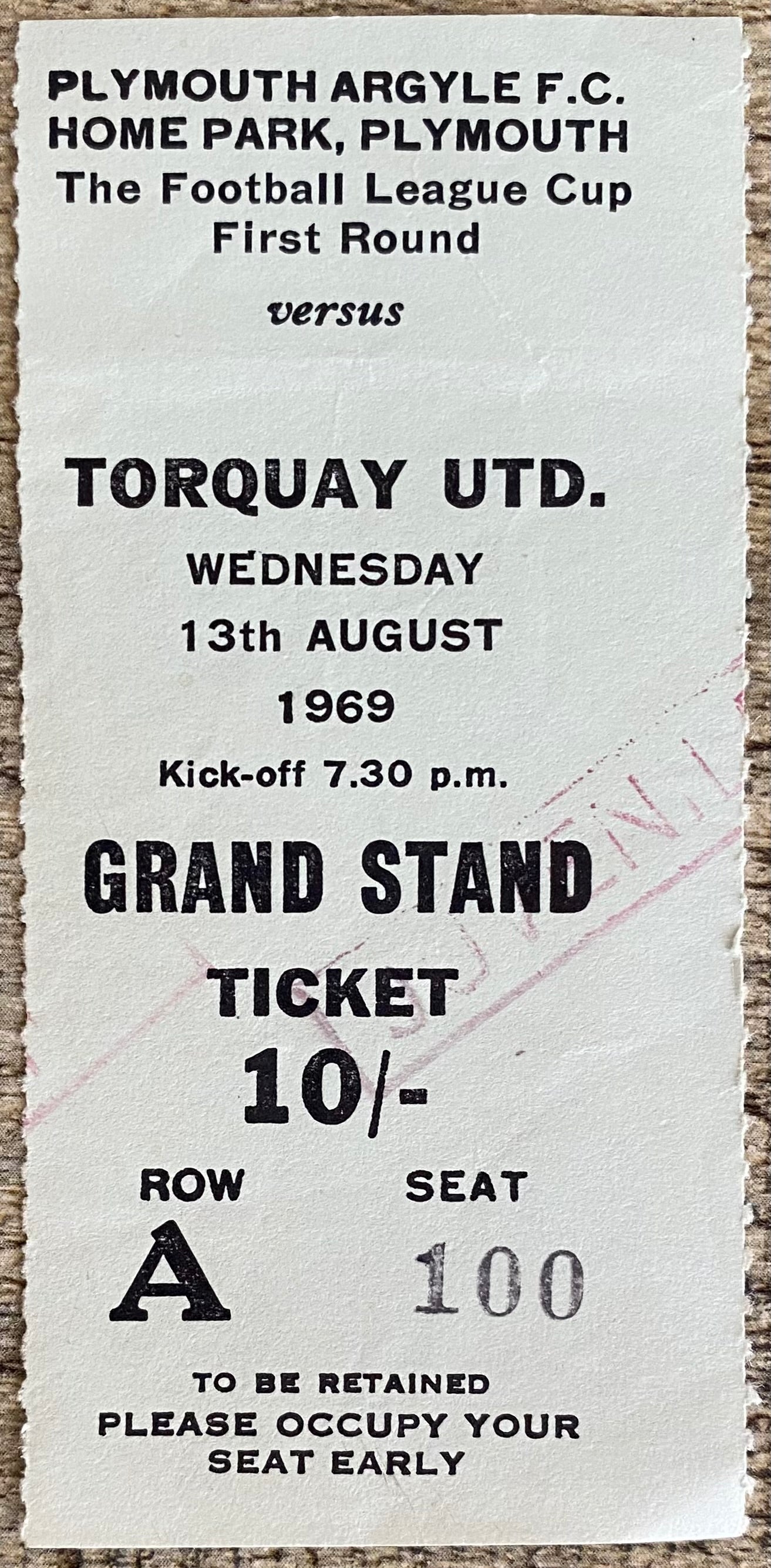 1969/70  ORIGINAL LEAGUE CUP 1ST ROUND TICKET PLYMOUTH ARGYLE V TORQUAY UNITED