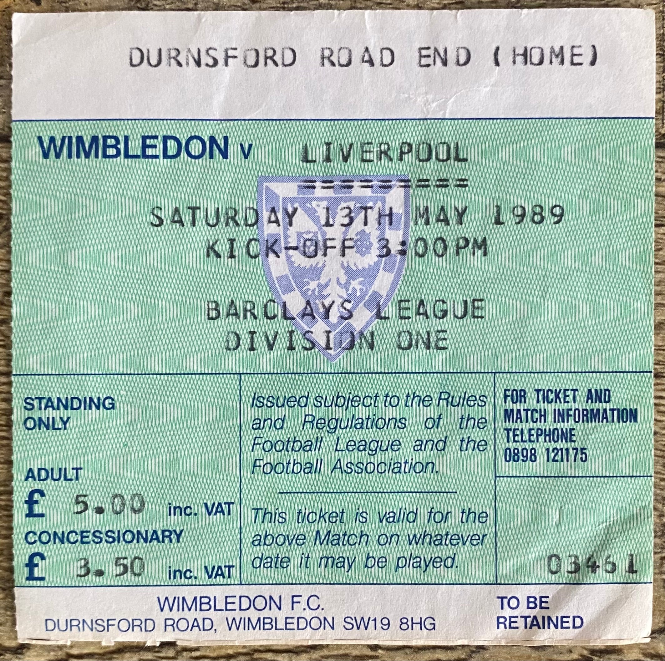 1988/89 ORIGINAL DIVISION ONE TICKET WIMBLEDON V LIVERPOOL