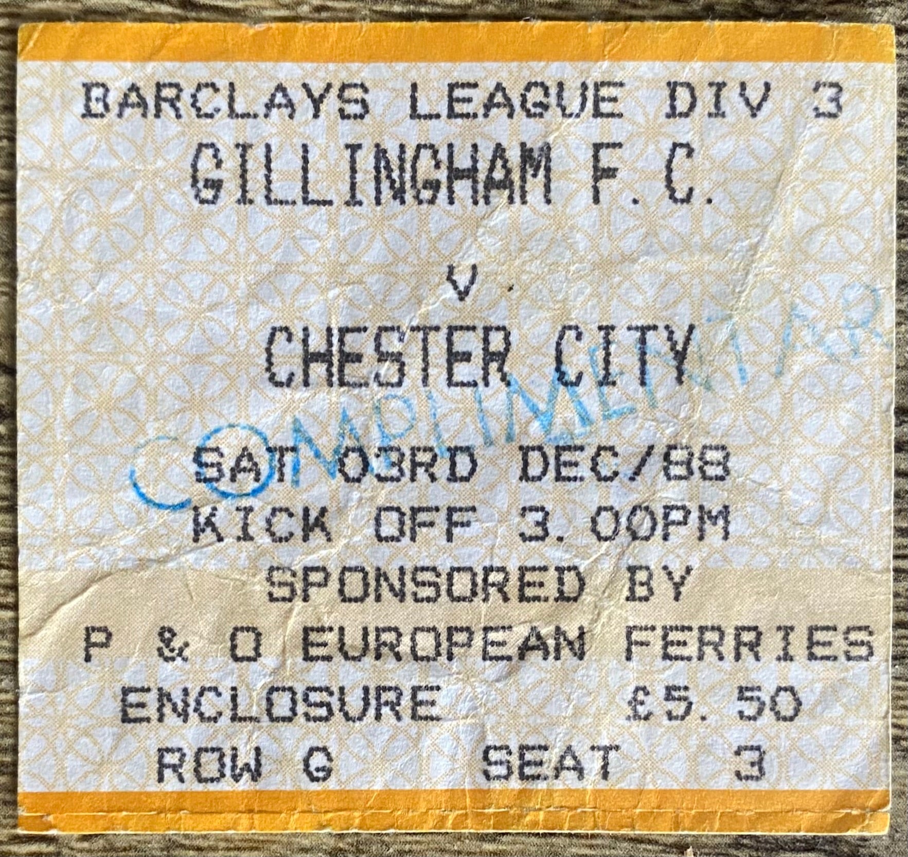 1988/89 ORIGINAL DIVISION 3 TICKET GILLINGHAM V CHESTER CITY