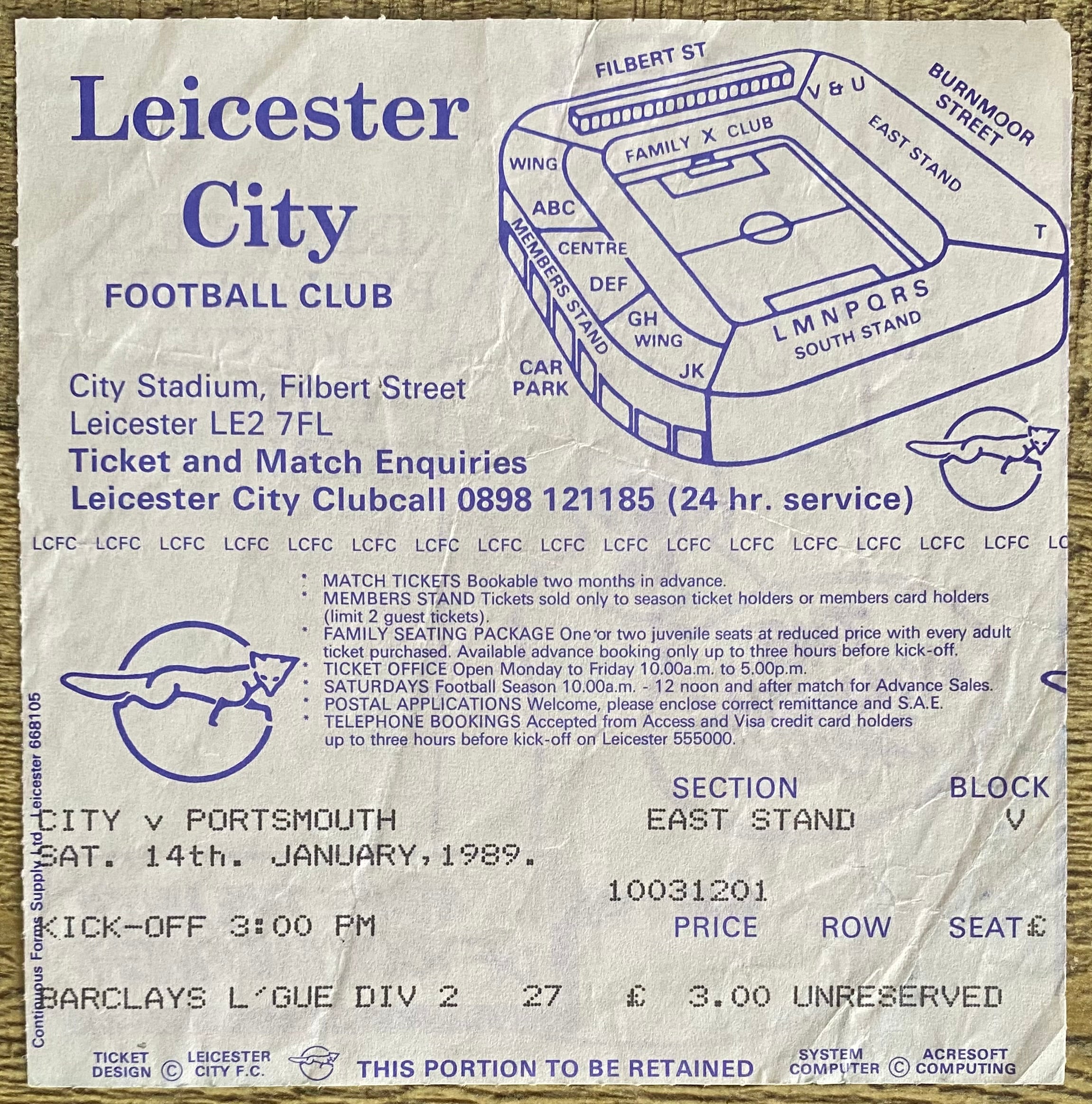 1988/89 ORIGINAL DIVISION TWO TICKET LEICESTER CITY V PORTSMOUTH