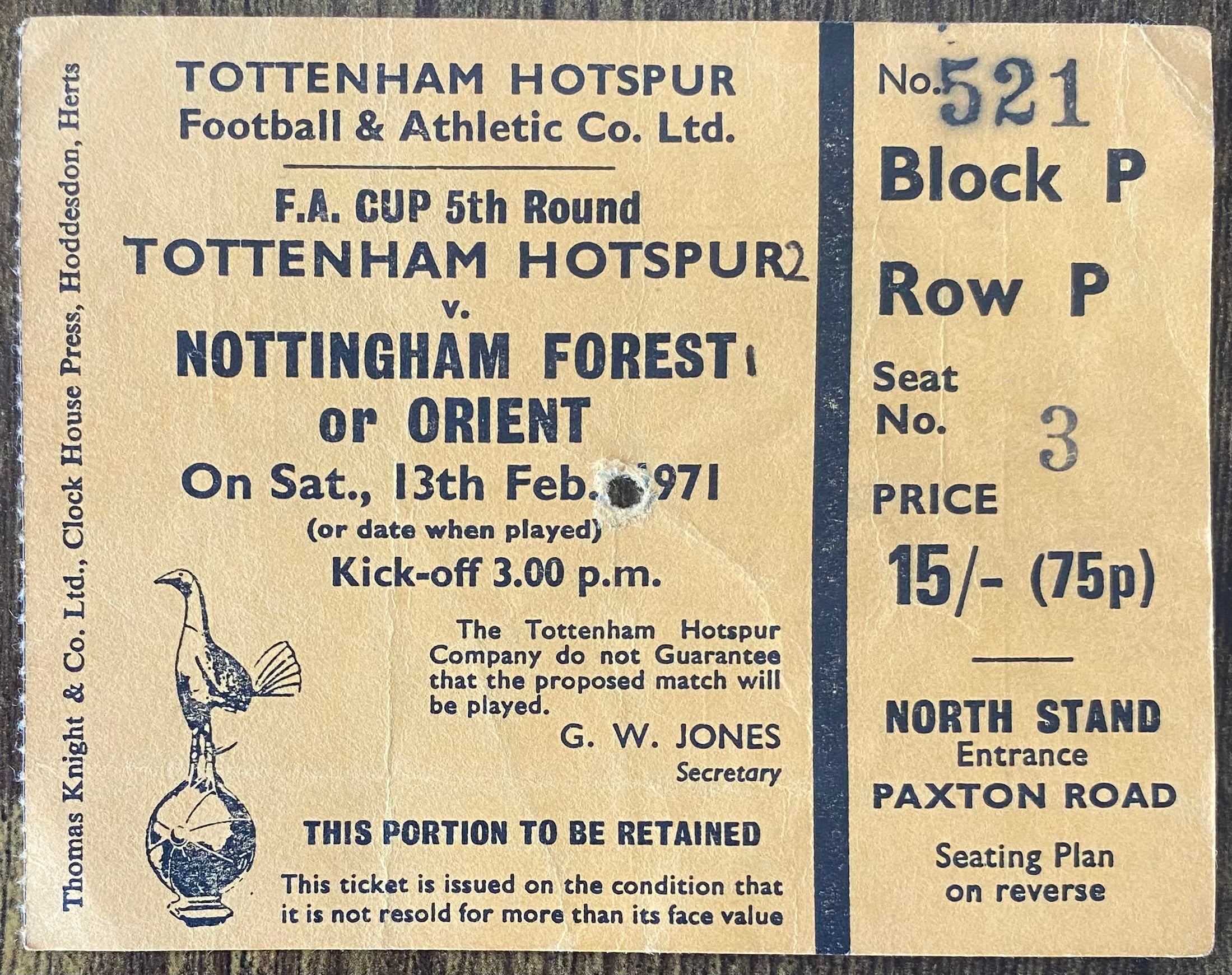 1970/71 ORIGINAL FA CUP 5TH ROUND TICKET TOTTENHAM HOTSPUR V NOTTINGHAM FOREST