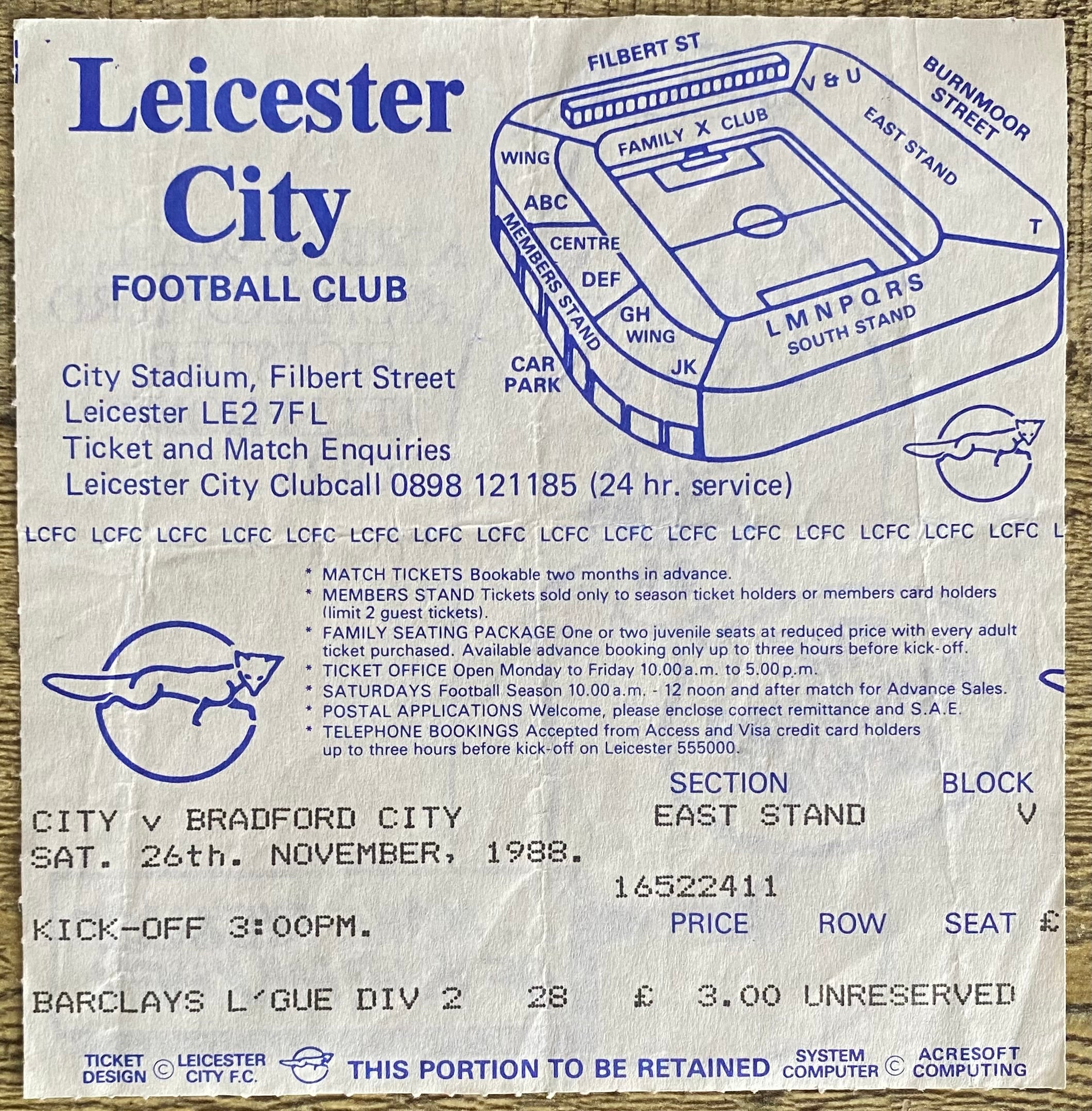 1988/89 ORIGINAL DIVISION TWO TICKET LEICESTER CITY V BRADFORD CITY